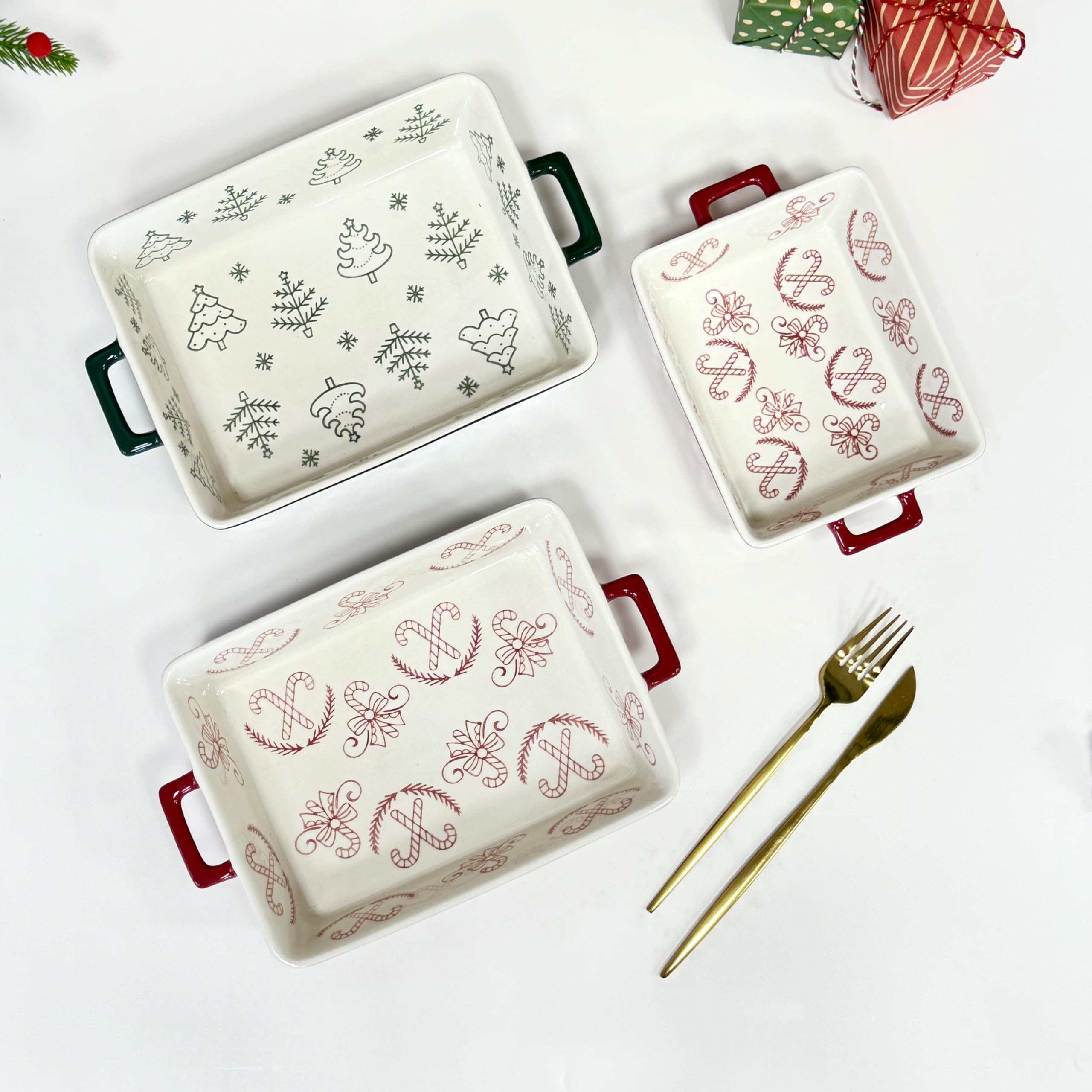 Domini Auflaufformen für den Ofen, Keramik-Backformen für den Ofen, Lasagne-Pfanne, tief, Backform-Set, quadratisch, Auflaufformen-Set mit Griffen zum Backen, Muster Rot (29 cm + 21,6 cm) Weihnachten