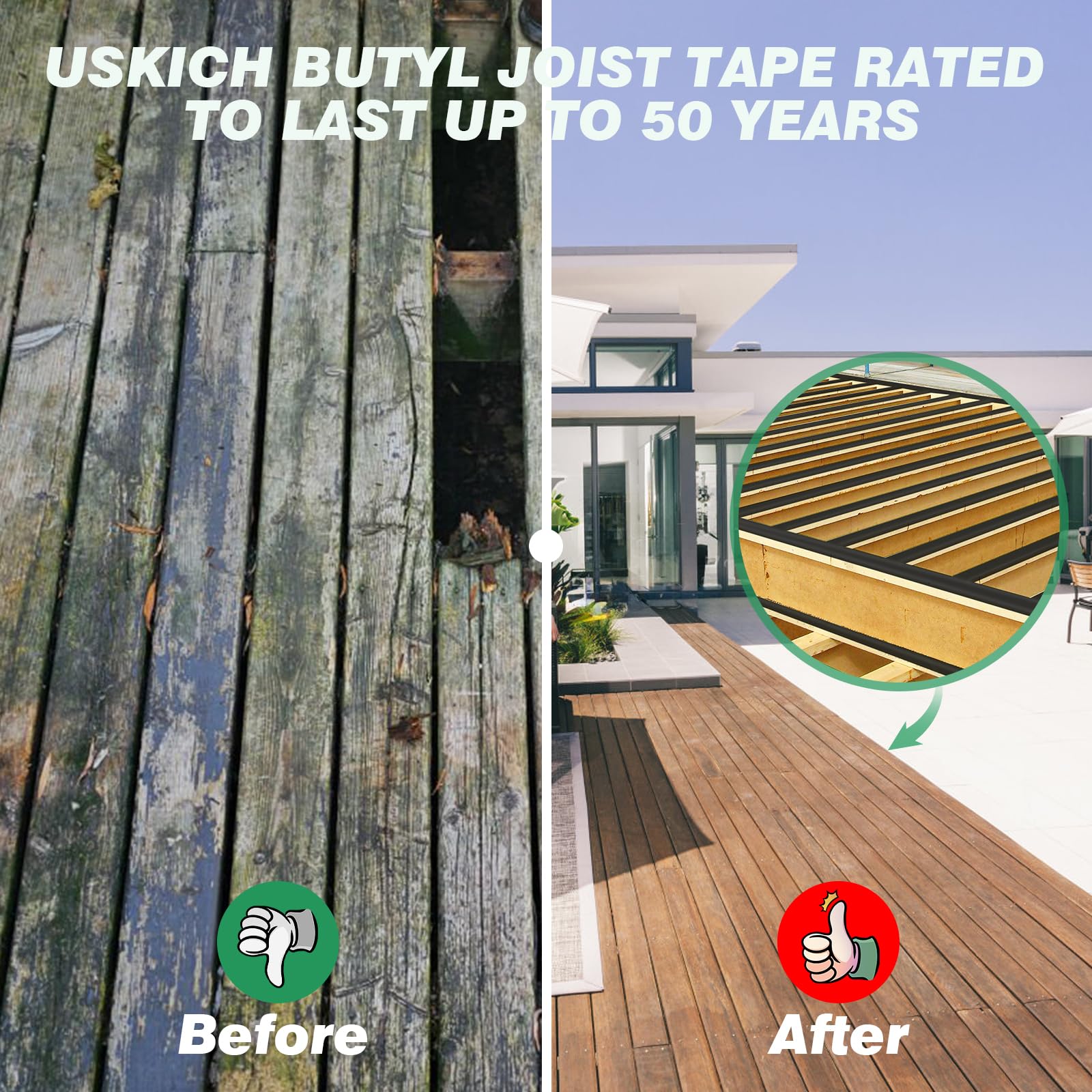 Condition photo showing Good Condition for uskich deck joist tape,2\\\" x 50' butyl deck tape-8 pack joist tape for decking waterproof flashing tape,tape joist guard protection tape for long-lasting protection