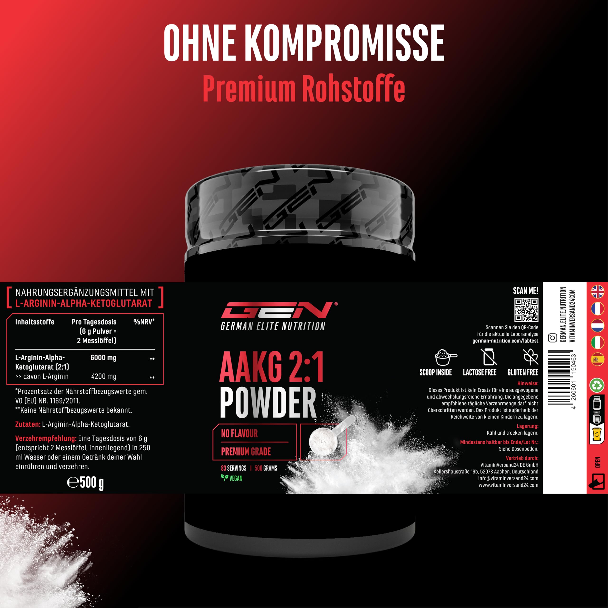 GEN GERMAN ELITE NUTRITION AAKG - 500 g - L-Arginin-Alpha-Ketoglutarat 2:1 | Geschmacksneutral, optimale Löslichkeit, laborgeprüft, reines Pulver, vegan, ohne Zusätze, Premium Arginin Aminosäure