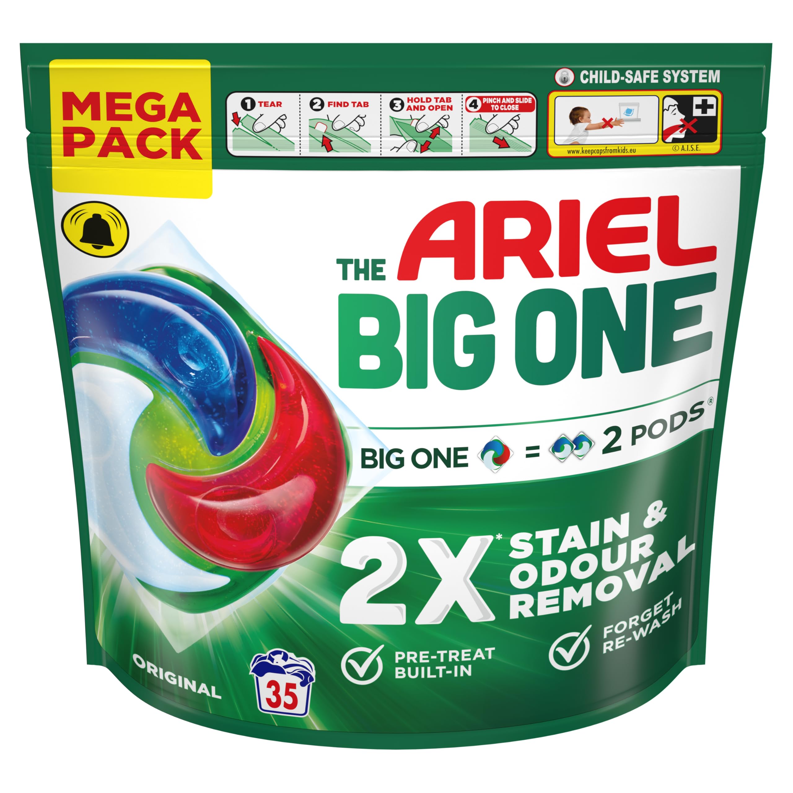 Ariel The Big One PODS - Cápsulas de detergente líquido para lavar ropa, 35 lavados, original, 2 veces más eliminación de manchas y olores, disolución rápida incluso en frío