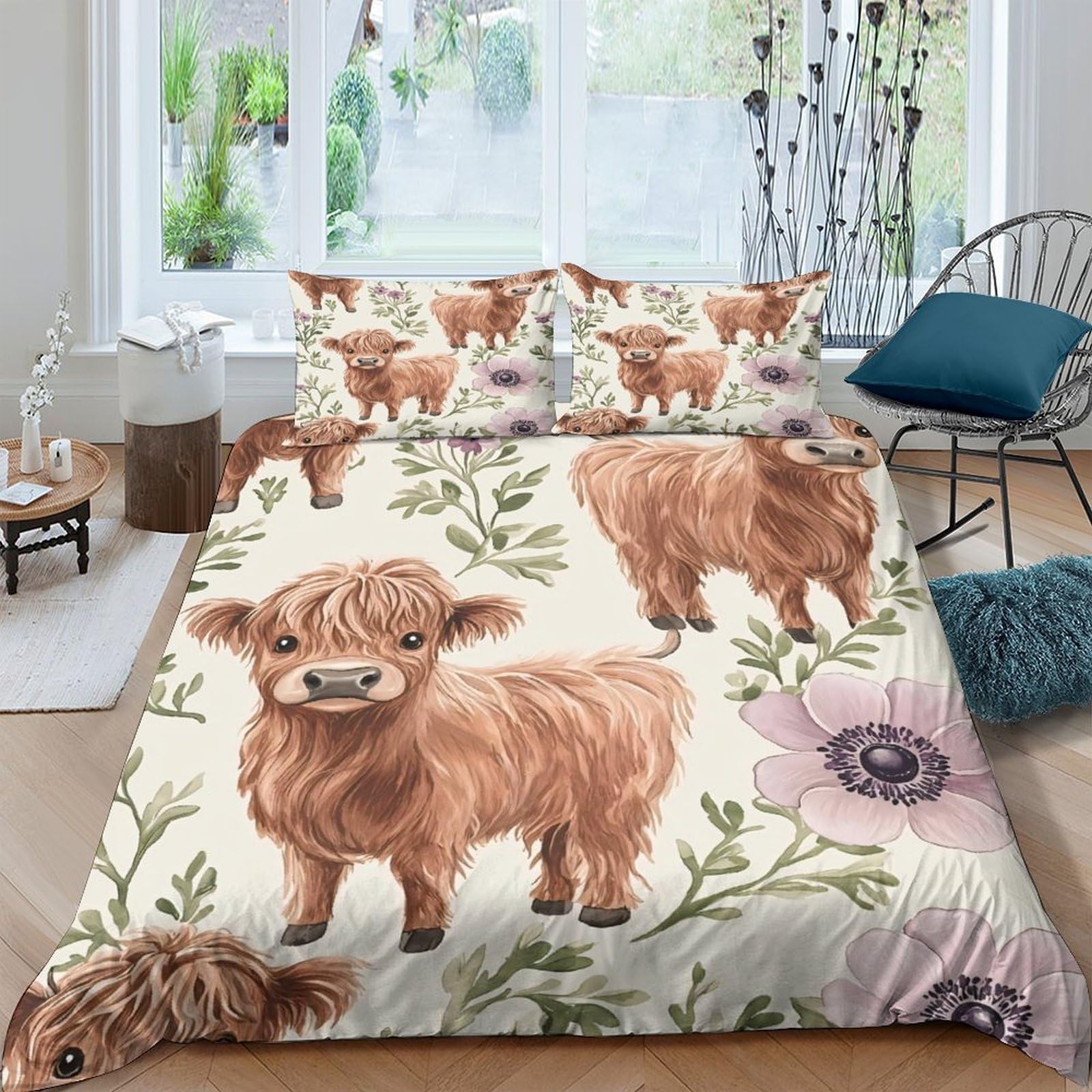 Ctjqhvkz Style-7 3D Printed Highland Cow Floral Fitted Sheet Microfiber Soft Breathable Pastoral Bed Cover For Bedroom Dorm Decor Single（135X200cm）