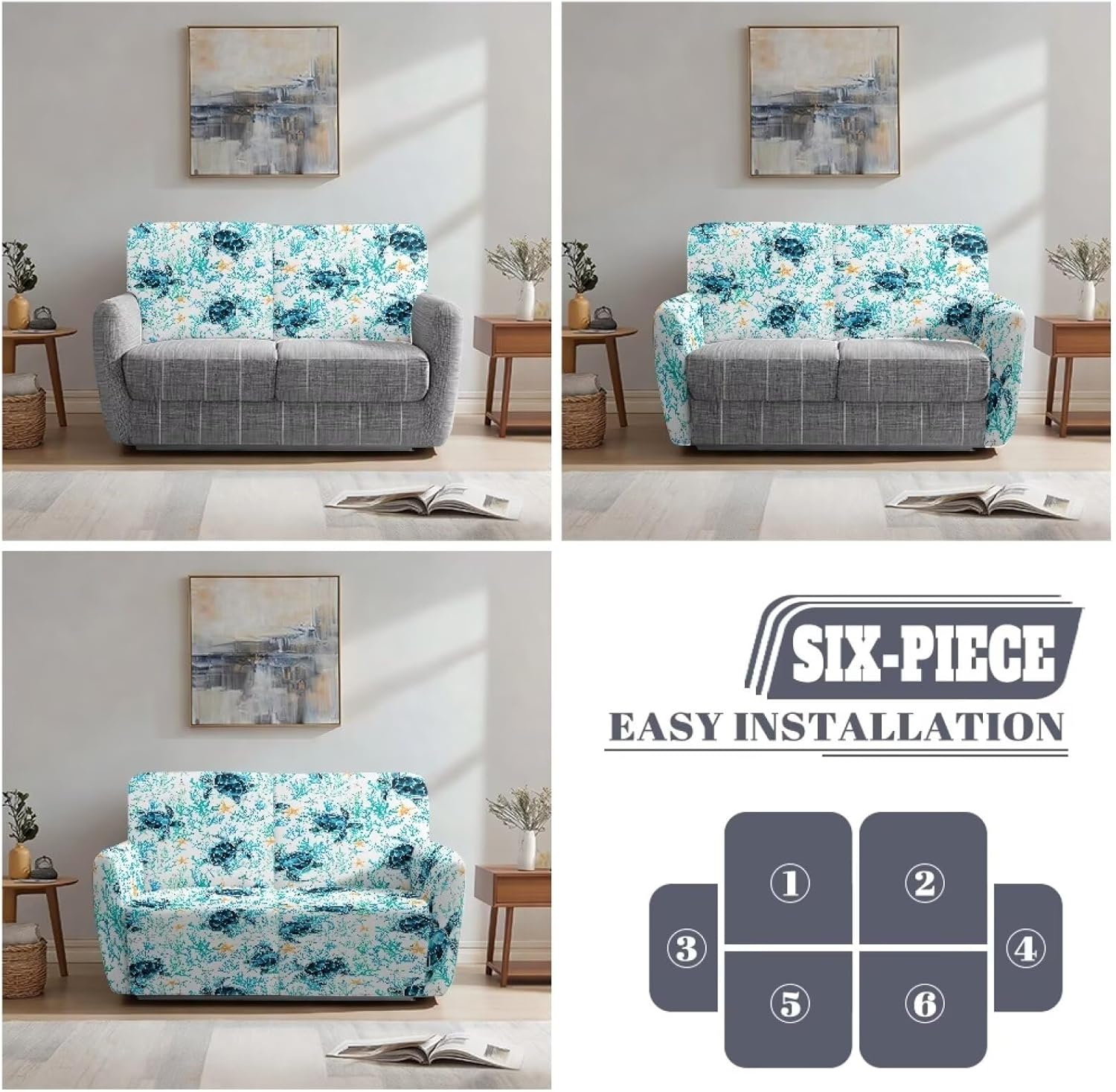 6 Piece Turtle Stretch Reclining Loveseat with Pockets Slipcover, 2 Seater Loveseat Recliner Cover, Recliner Couch Sofa Covers, Furniture Protector Cover for Pet Kid