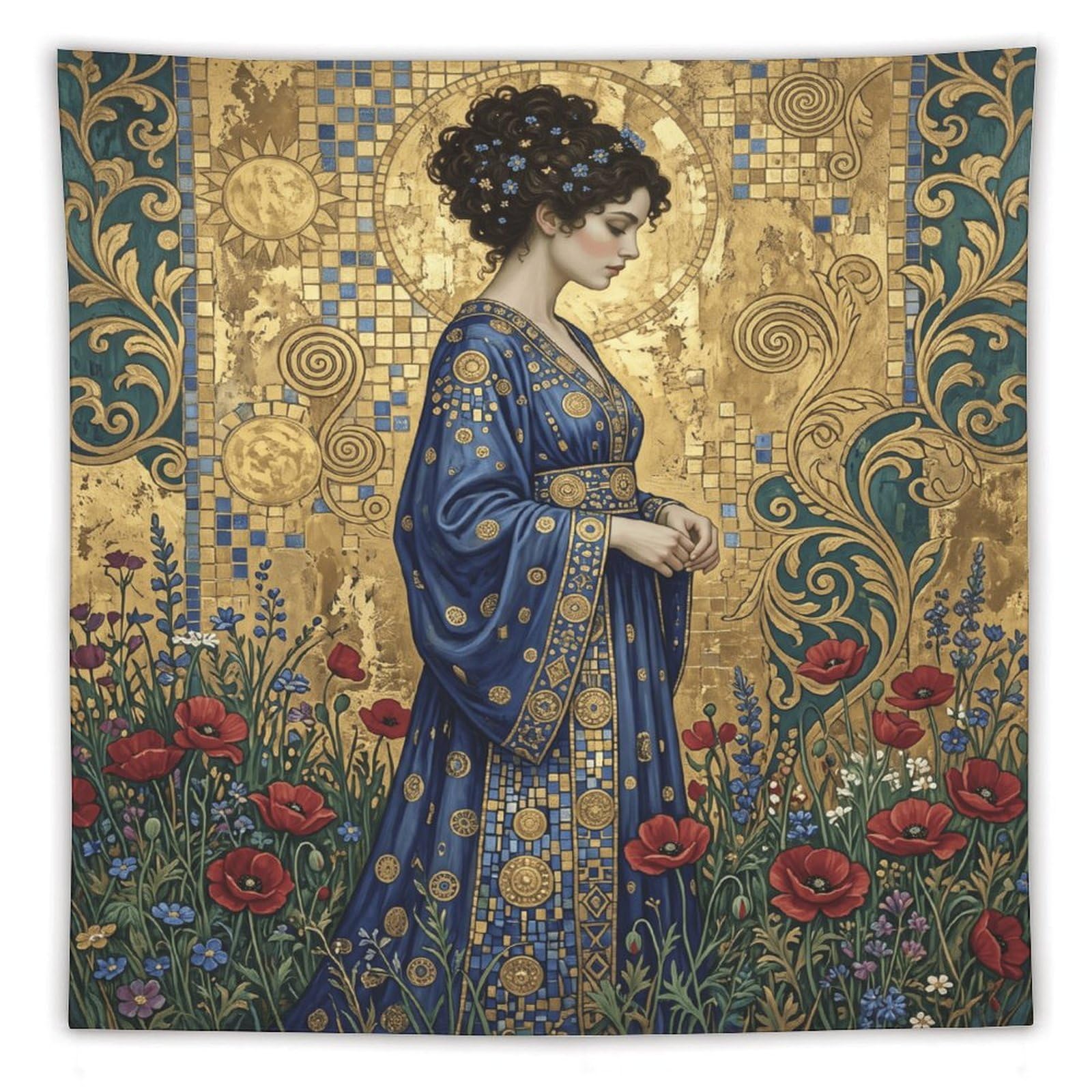 H3B8U2Y5 Floral Golden Mosaic Woman Wall Tapestry, Byzantine Inspired Art