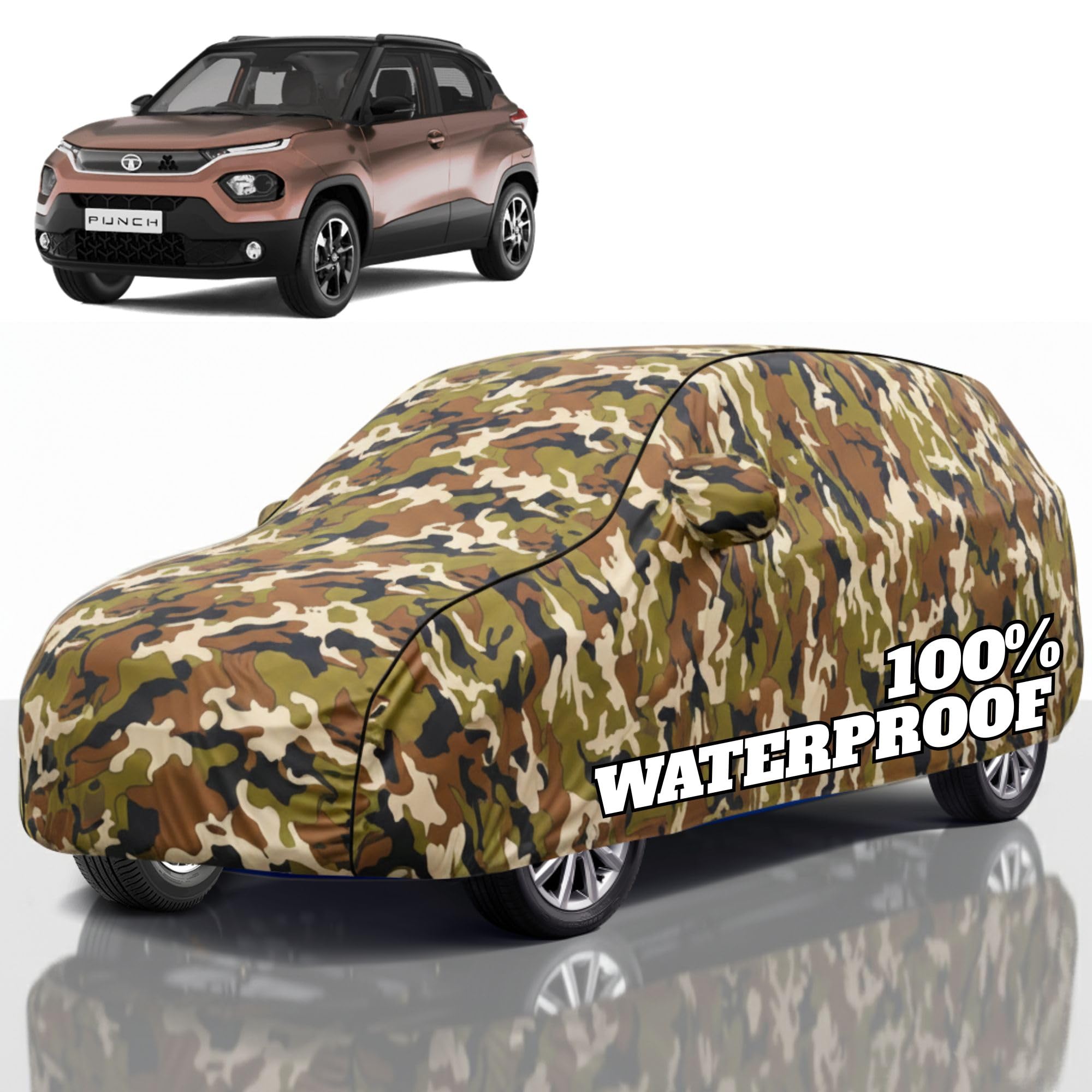 Premium Polyester Car Cover Punch All-Weather Protection from Rain, Dust &amp; Sun | UV Resistant Fabric | Full Body Secure Fit for Outdoor &amp; Indoor Parking Jungle
