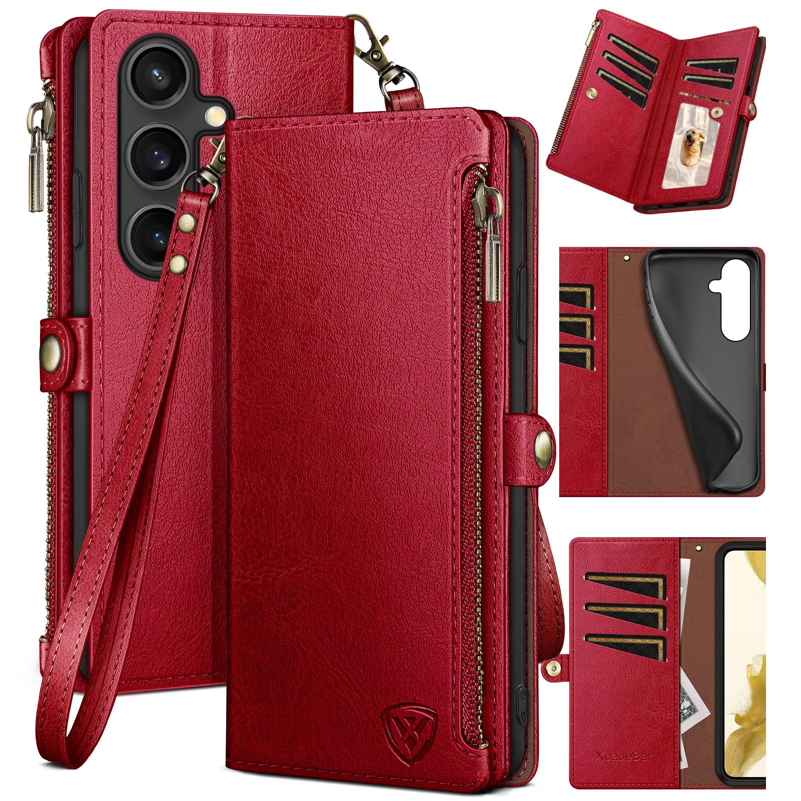 XcaseBar compatible with Samsung Galaxy S25 Plus Wallet case with Zipper Credit Card Holder?RFID Blocking?,Flip Folio Book PU Leather Phone case Shockproof Cover Women Men for Samsung S25Plus case Red