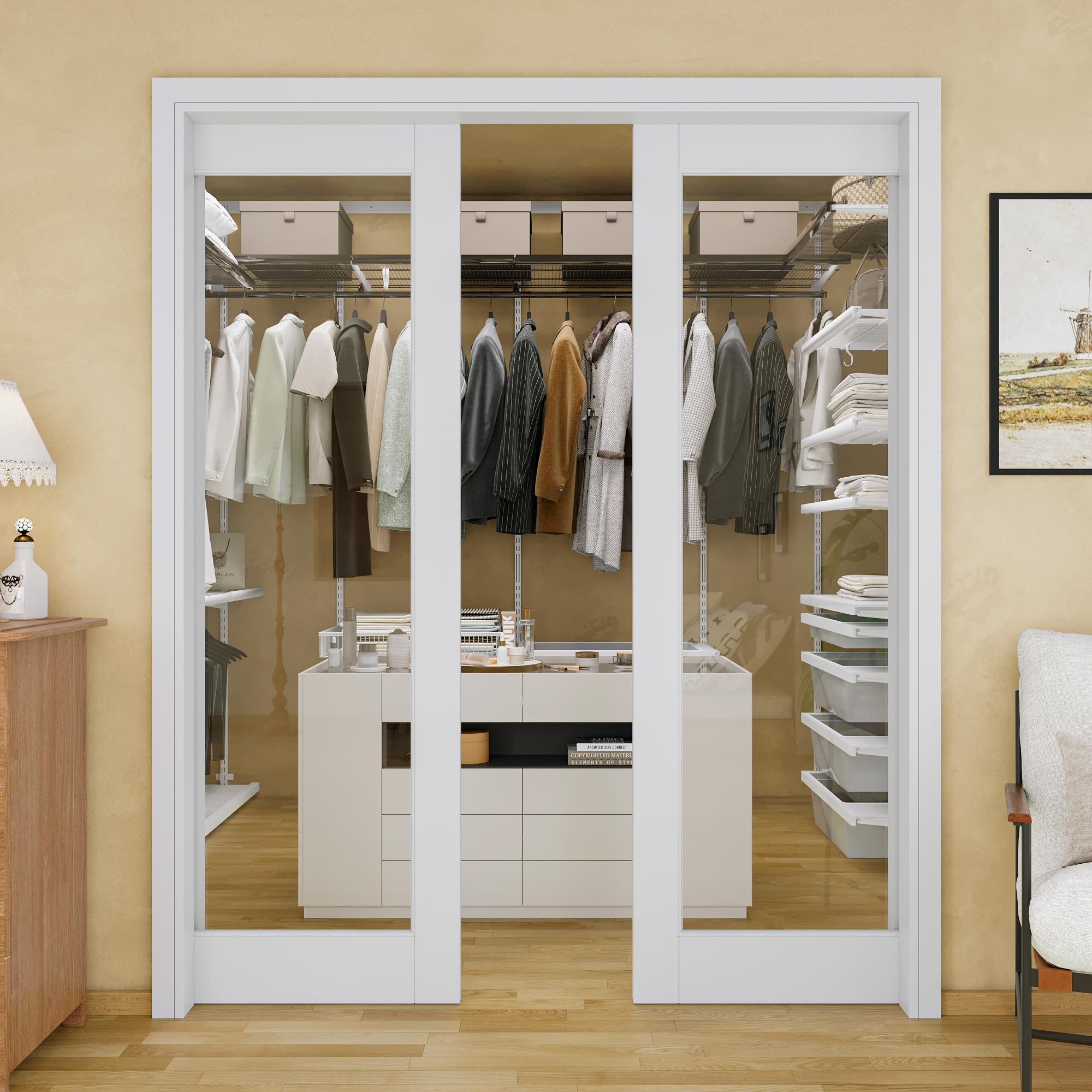 64x80 Double Glass Pocket Door,1-Lite Clear Glass Door,Sliding French Doors