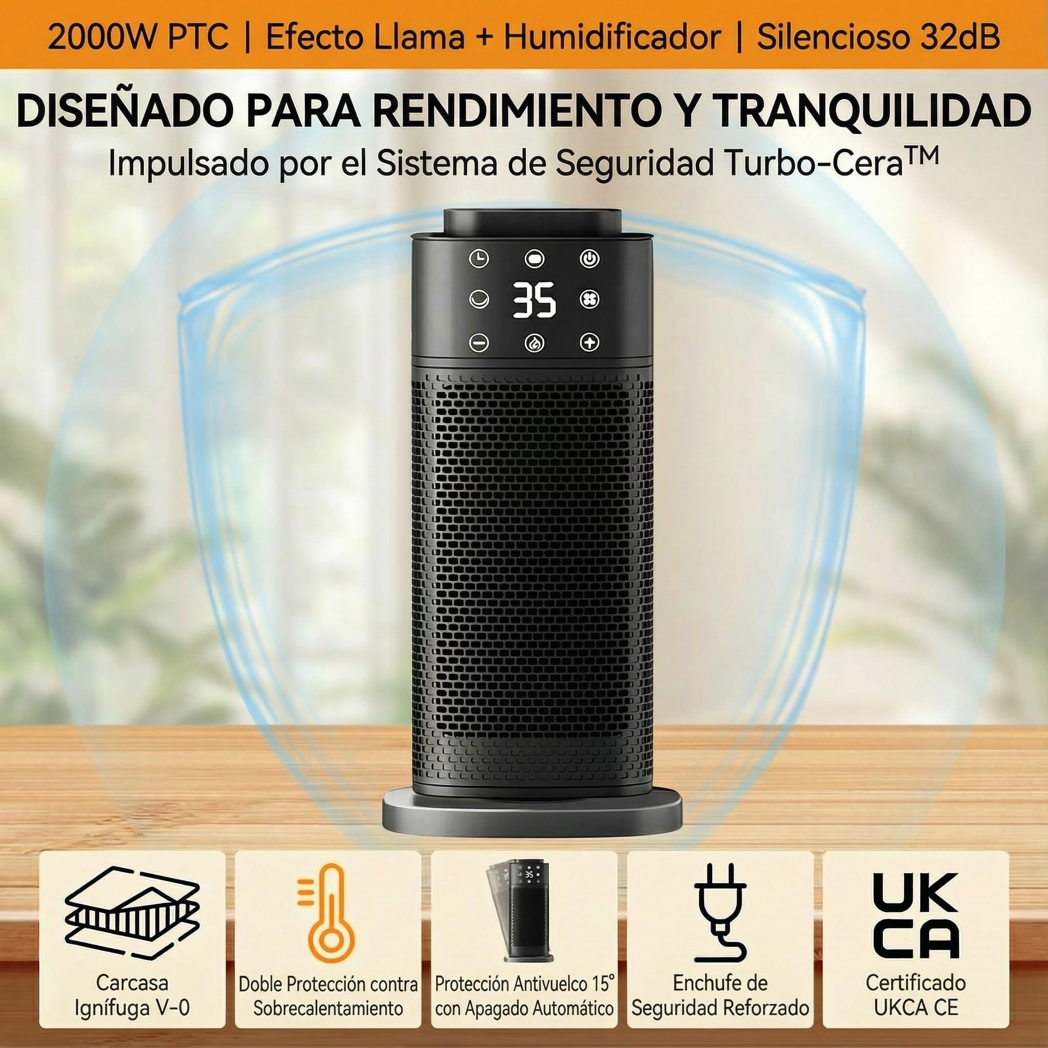 Eléctrico Cerámico 2000W, Bajo Consumo y Silencioso, 3 Niveles de Potencia, Temporizador, Función Frío y Calor, Protección contra Sobrecalentamiento y Humidificador, para Oficina, Salón