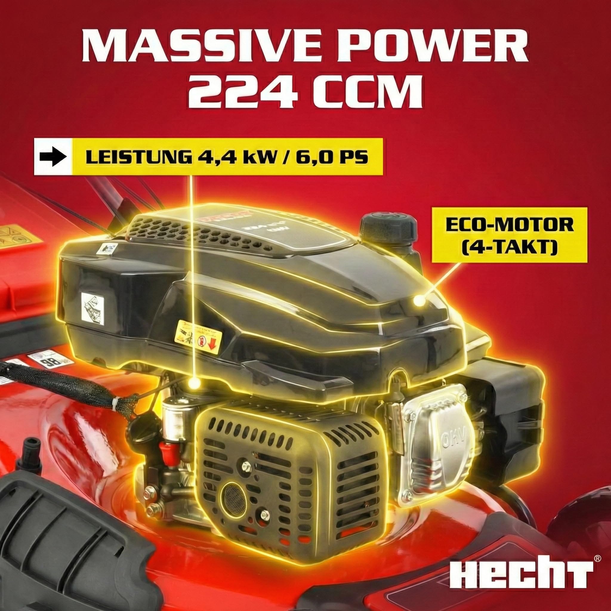 HECHT 5in1 Benzin Rasenmäher 6,0 PS – 53 cm mit Elektrostart & Radantrieb | 4-Takt Eco Motor mit 4,4 kW, 75 L Fangkorb, Mulchfunktion und Seitenauswurf – für Rasen & Garten