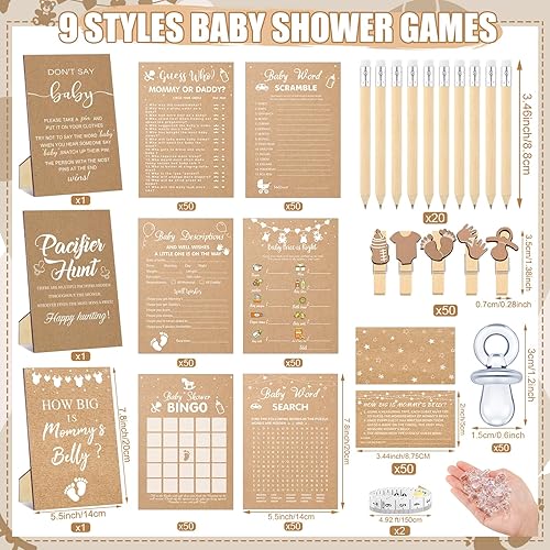 Miniatura 2 de Sherr 476 piezas Kraft Baby Shower Games 6 juegos de tarjetas de actividades, juego de caza de chupetes, 50 chupetes Qué tan grande es el signo del