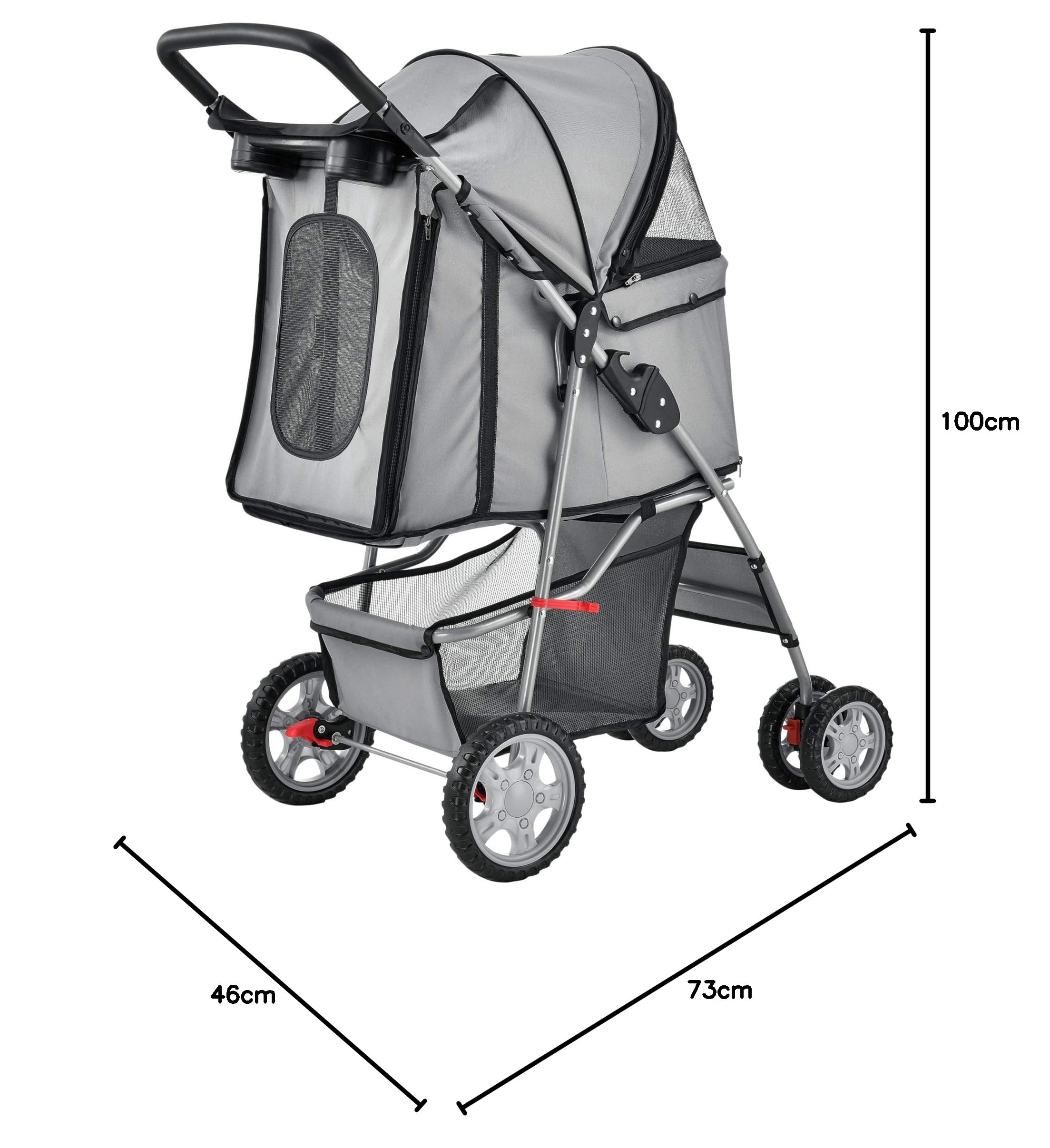 pro.tec Passeggino per Cani e Gatti Pieghevole Carrello Cabina Idrorepellente Ventilata 15 kg - Grigio