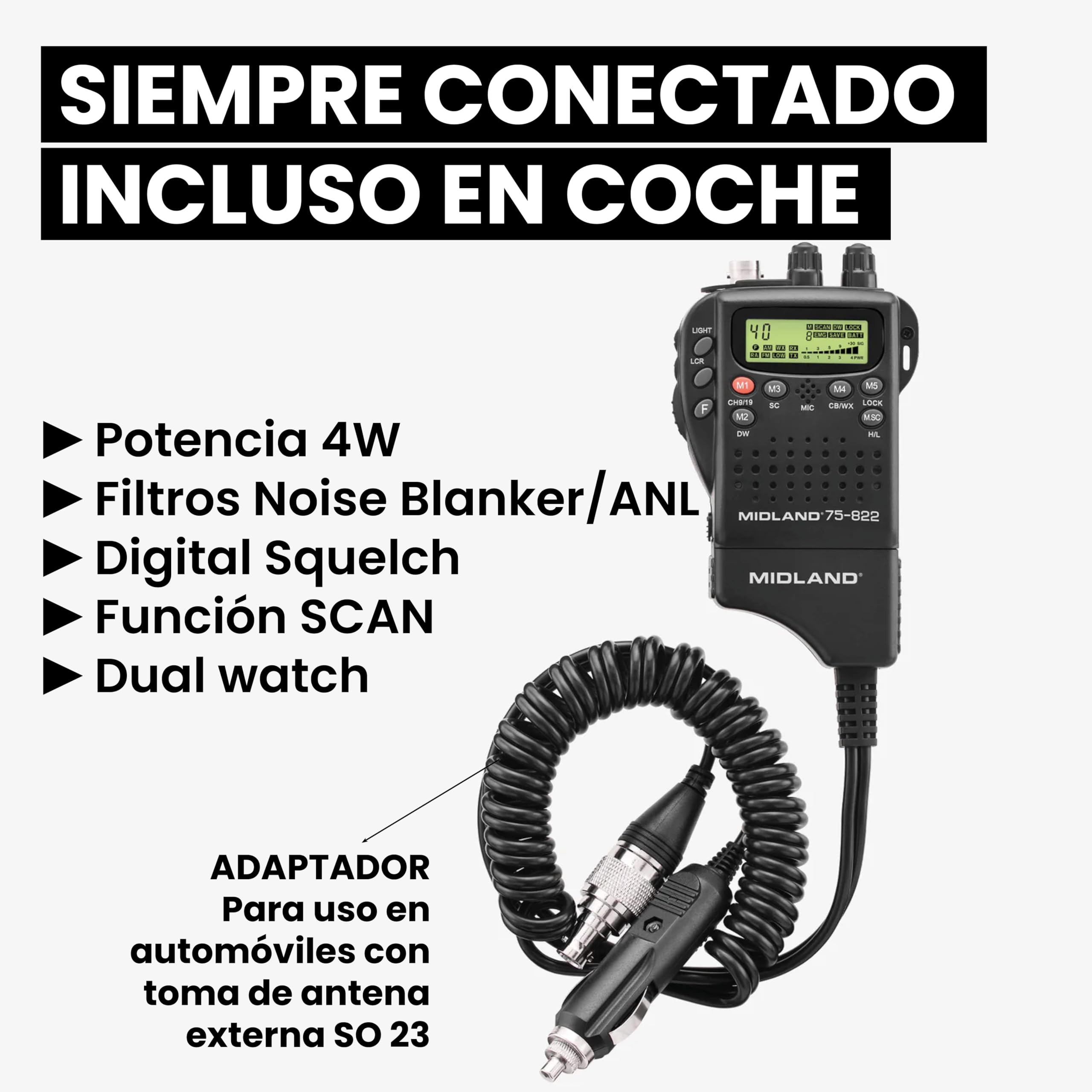 Midland - Emisora CB, Radioaficionado Portátil Sin Licencia Alan 42 DS, Multi Banda para Todos los Países UE, Squelch Digital, Radios Profesionales AM/FM, Conexión 2 Pin, Antena y Otros Accesorios | Multi Banda para Todos los Países UE, Squelch Digital, A