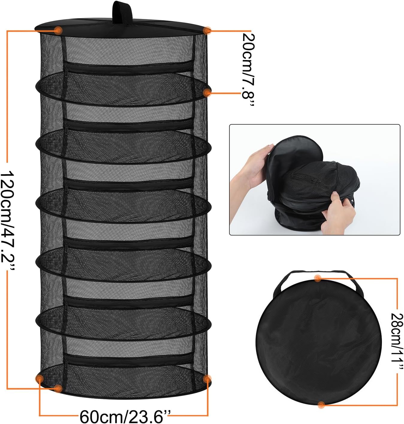 Desy & Feeci Drying Net Herbs 6-Layer Hanging Herbs Drying Rack Drying Net with Zips, Black, 60 x 120 cm