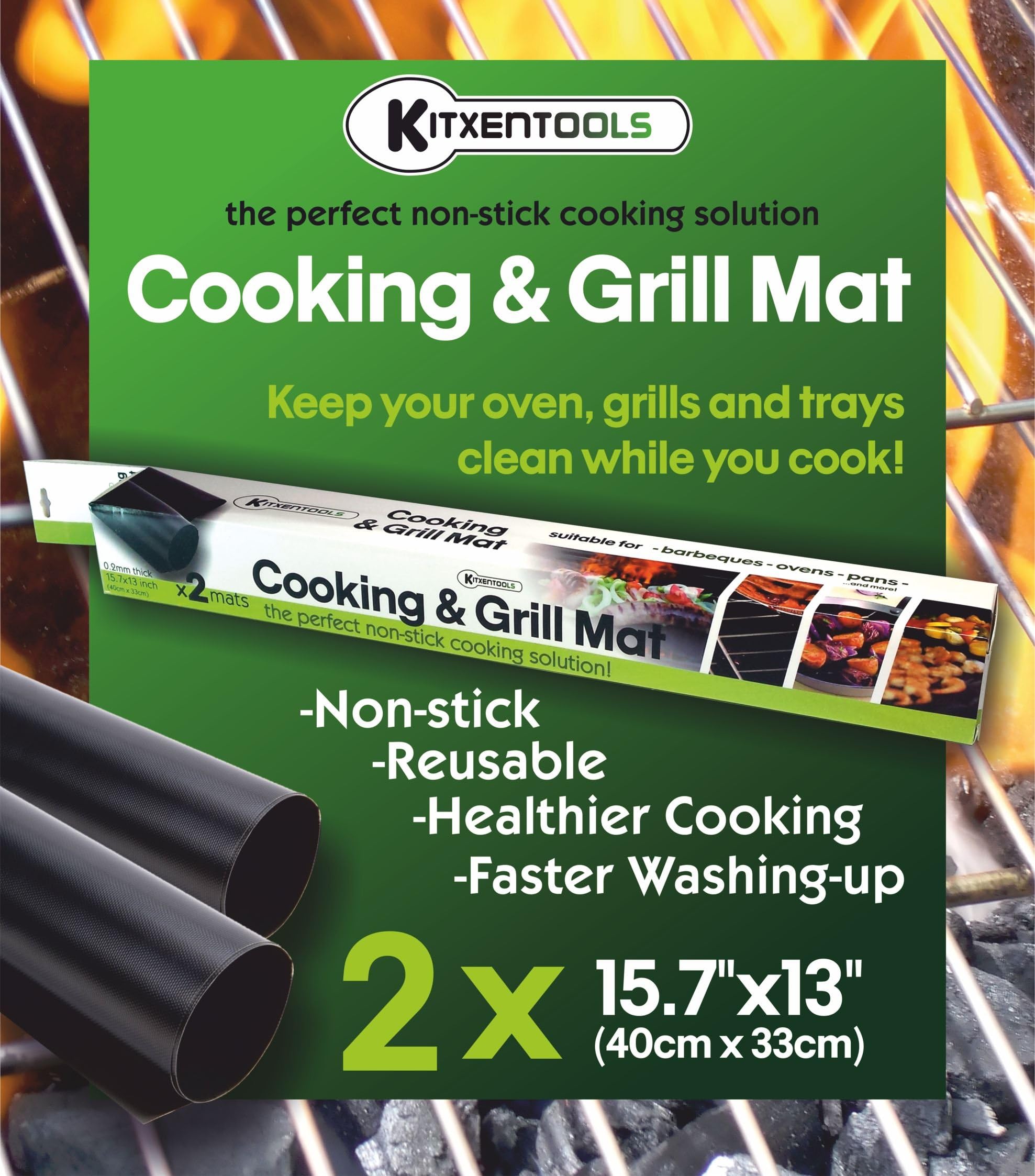 Kitxentools BBQ Grill Mat - Set of 2 Easy to Clean Non-Stick Grilling Mats - 15.75 x 13 Inch - Reusable Mats for Cooking or Grilling with Gas Grills Charcoal or Electric Barbecue Grills