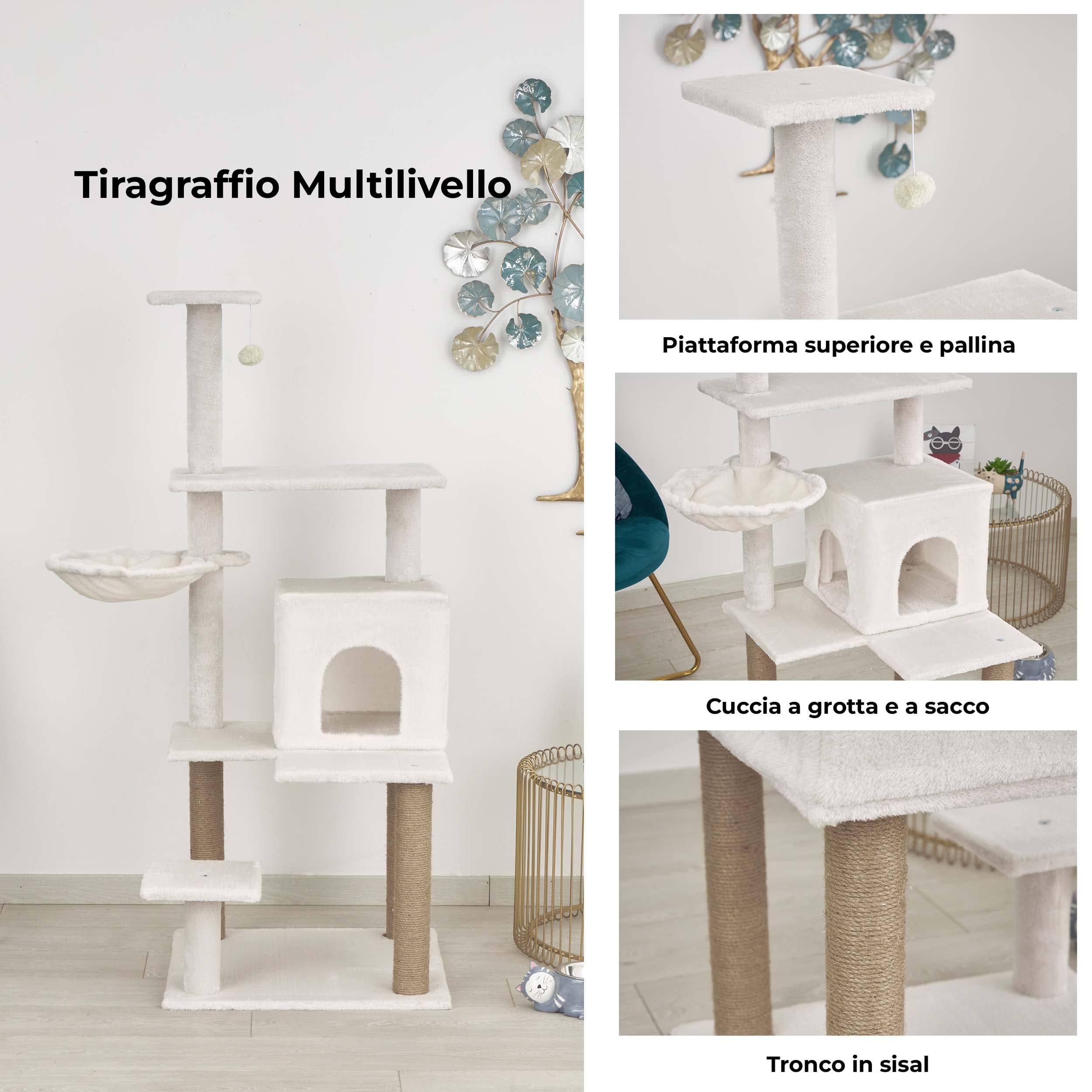 Baroni Home Árbol Rascador para Gatos, Árbol Rascador para Gatos y Gatitos, Árbol Rascador de 4 Pisos con Pelota, Hamaca y Perrera Rectangular, 75x55x125 cm, Crema