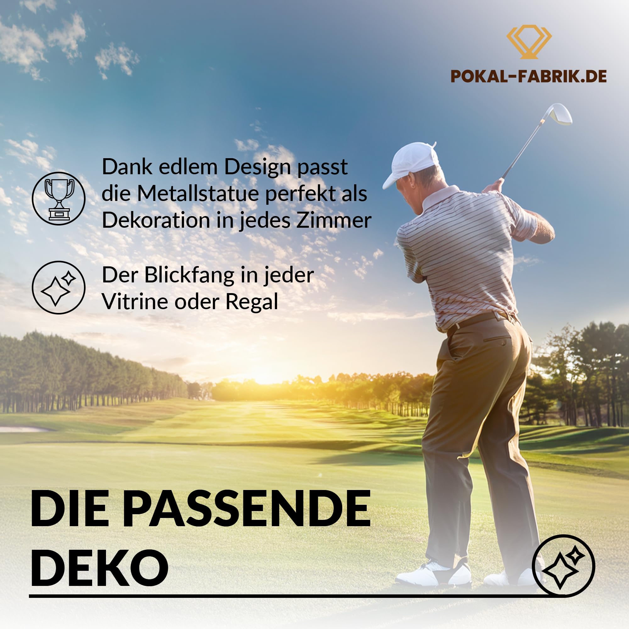 Pokal-Fabrik - Goldener Golf Pokal 21 cm aus Metall mit Gravur - Geschenk-Trophäe mit Golfer-Silhouette & Steinsockel - Personalisiertes Geschenk - Wanderpokal Golfen Zubehör