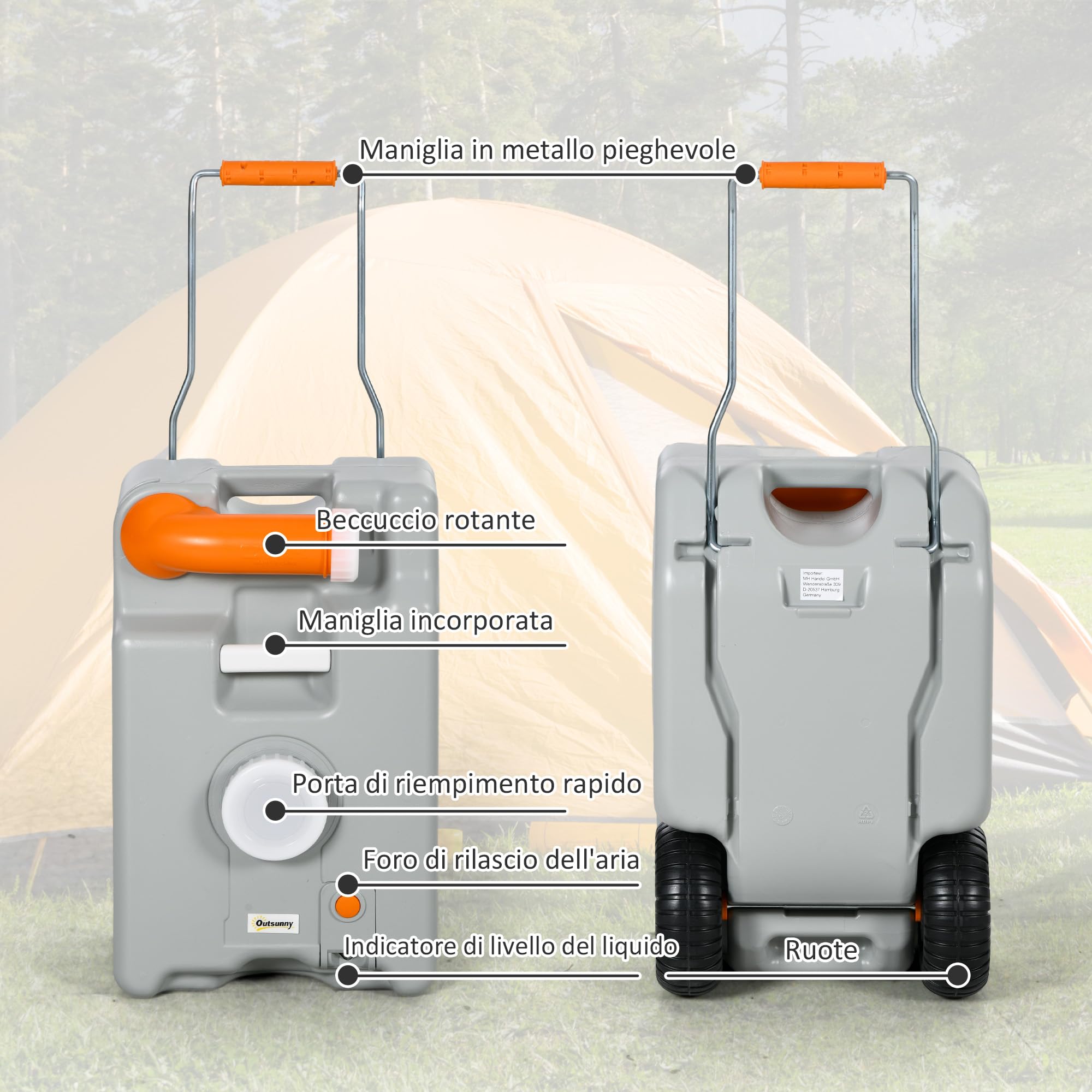 Outsunny Serbatoio Acqua 22L da Campeggio con Ruote, Tanica Acqua Reflue per Camper e Roulotte con Maniglia, Tubo e e Beccuccio Girevole, Grigio