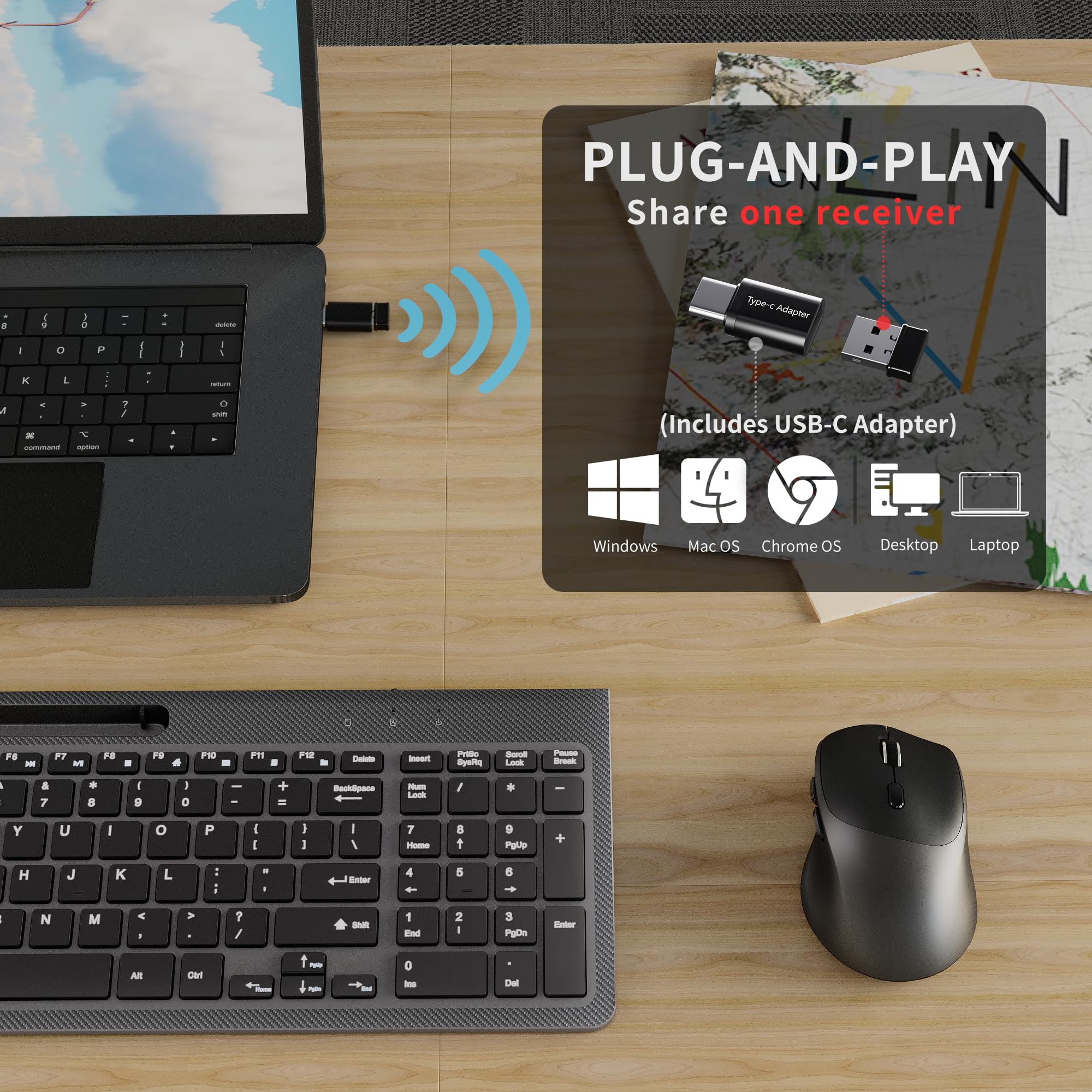 Teclado y mouse inalámbricos, mouse ergonómico con soporte para teléfono, teclado inalámbrico de 2.4 GHz para Mac, Windows, PC, portátil (negro)