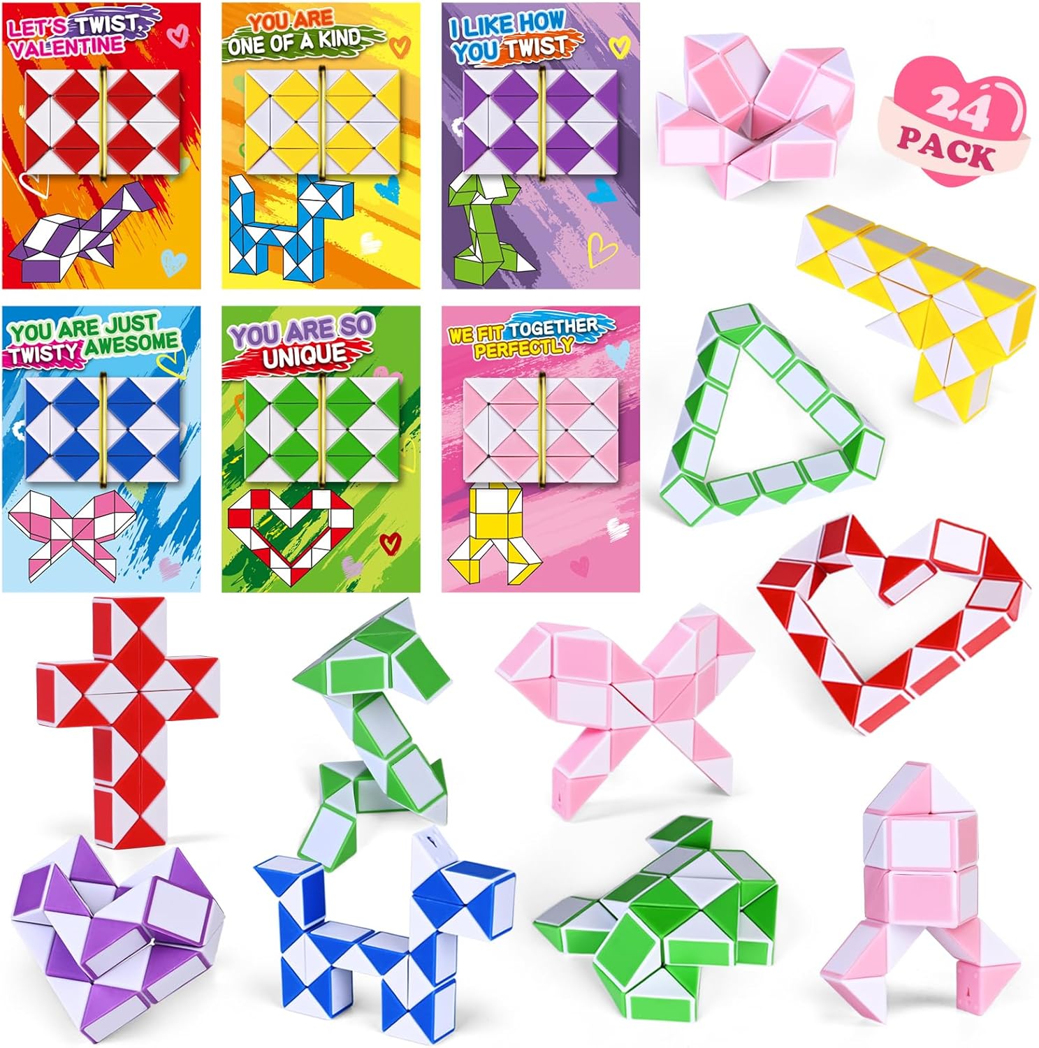 ShyLizard 24 Pack Valentine's Day Cards with Snake Twist Toys for Kids School Classroom, Gifts for School Exchange, Blocks Fidget Toys for Party Favors
