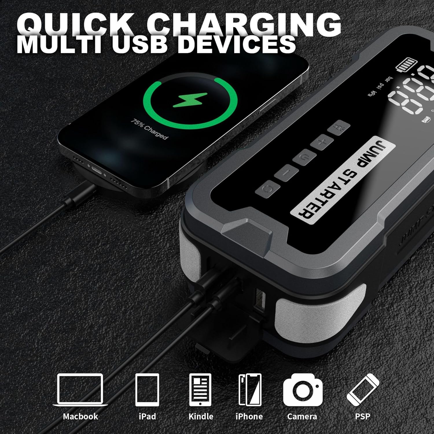 4-in-1 3000 A Portable Car Battery Jump Starter with 150 PSI Air Compressor, 24000 mAh Power Bank, 3 Modes Flashlight - Starts Gas up to 9.0 L and Diesel up to 8.0 L