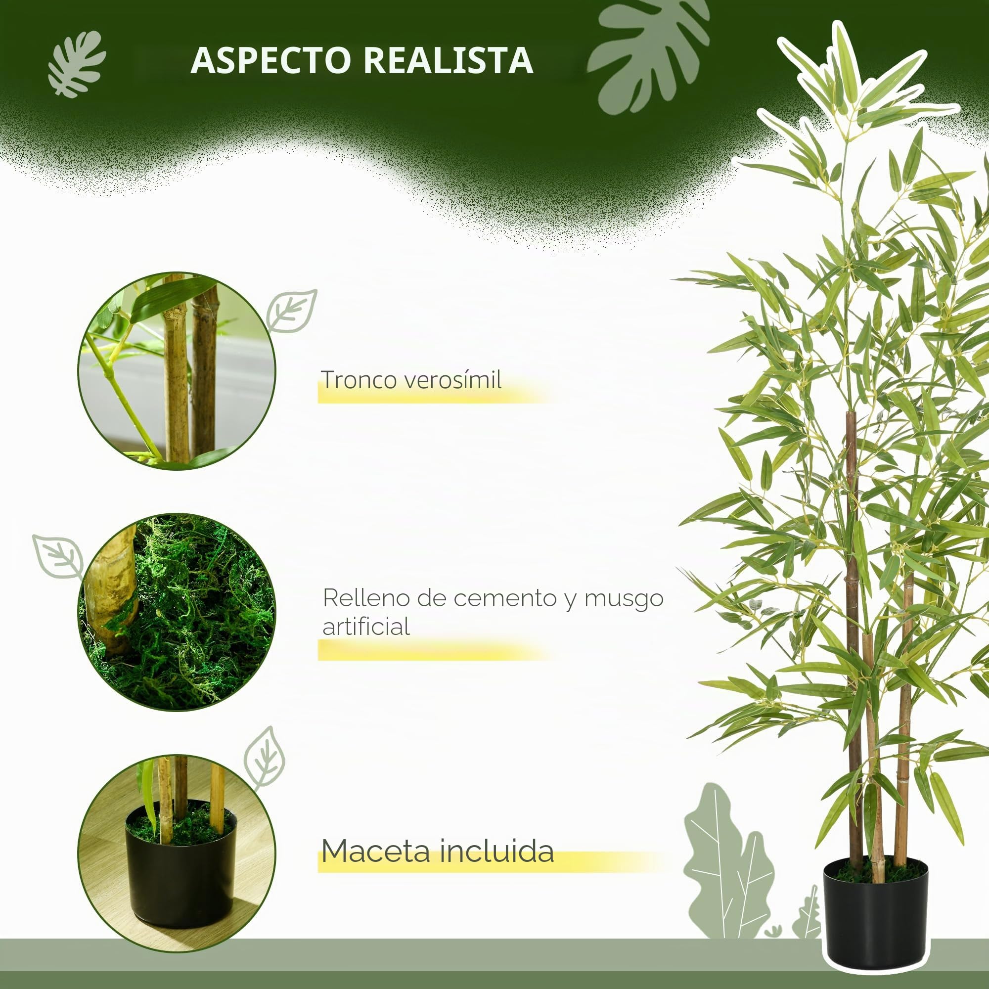 HOMCOM 2 Plantas Artificiales con Maceta Plantas Sintéticas de Bambú con 498 Hojas para Decoración en Salón Oficina Casa Ø15x120 cm Verde