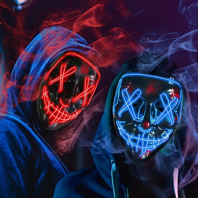 HOPOCO 2 Pack Halloween Scary Mask LED Purge Mask for Festival Cosplay Halloween Costume Masquerade Parties, Carnival Scary Mask, Anonymous Light Up Mask (Red & Blue)