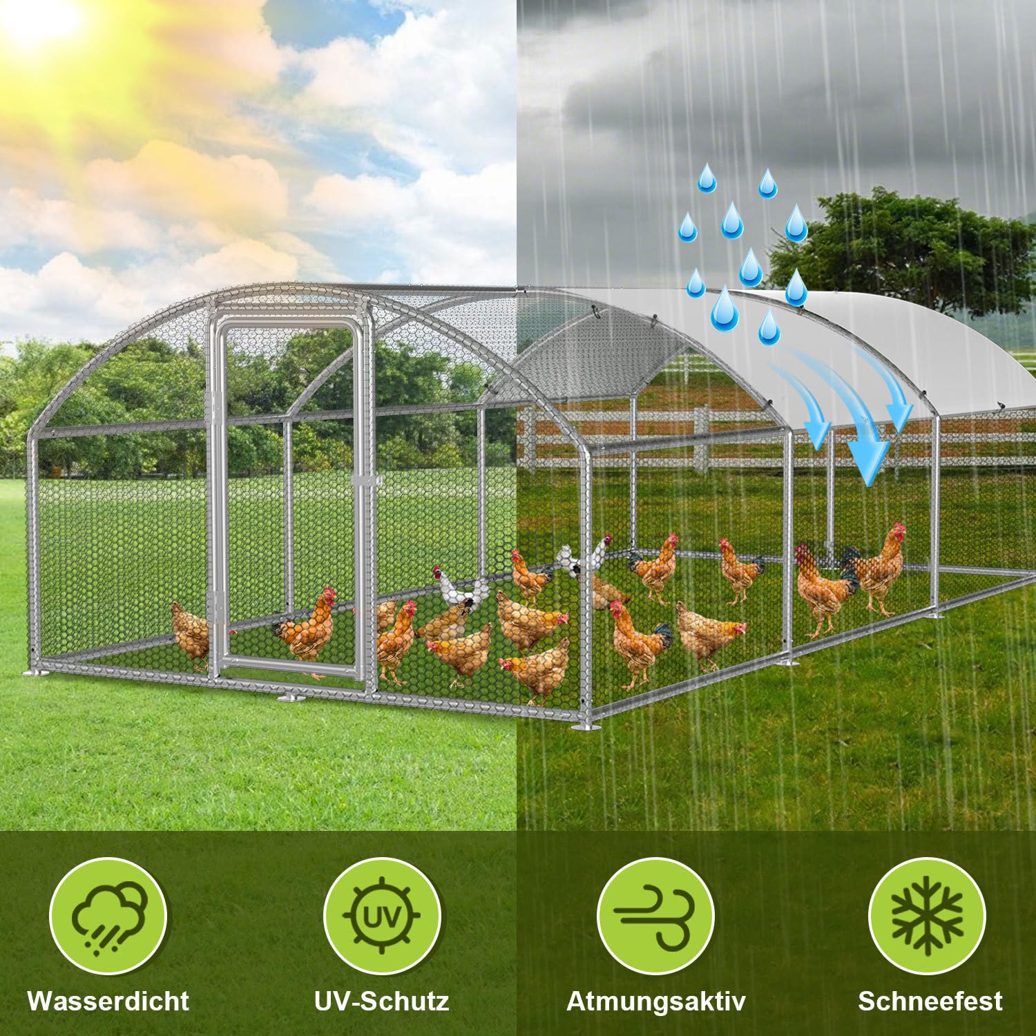 Gallinero de 3 x 6 x 2 m, recinto para gallinas, gallinas, acero galvanizado, para gallinas, caseta de conejo, cúpula, tejado, ganso, palomas y codornices, recinto de metal con red