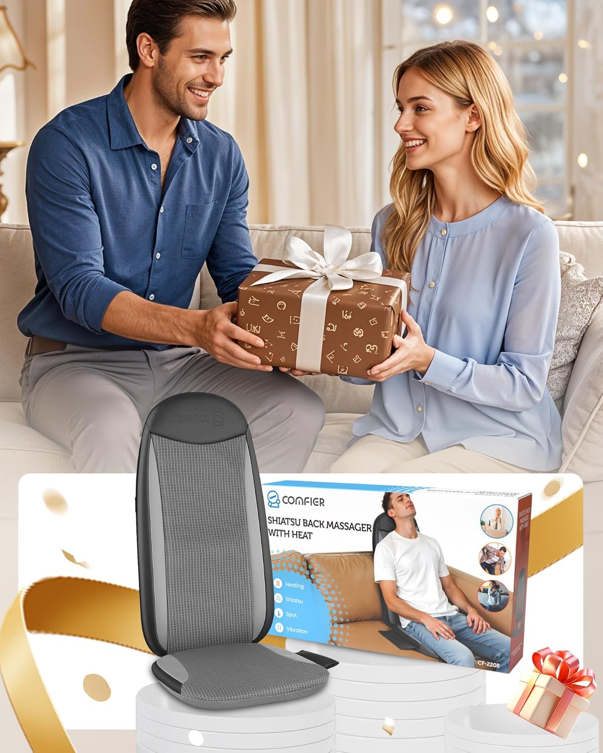 COMFIER Shiatsu Back Massager with Heat, Kneading & Vibration,Massage Chair Pad for Back Relief deep,Chair Massager for,Hip,Heated seat Cushion,Home Office,Gifts for Women Men,Dad,Mom