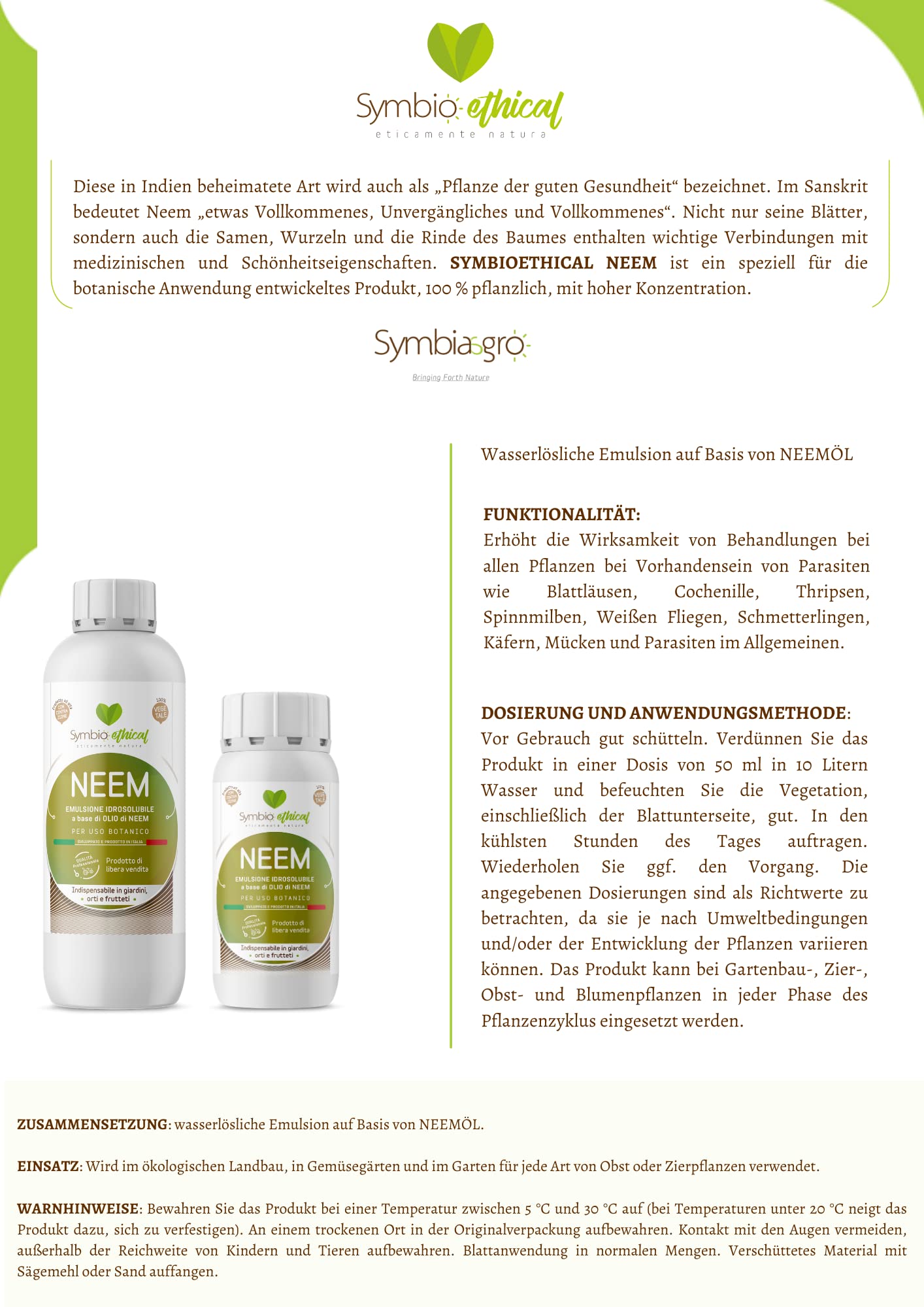 SYMBIOETHICAL - NEEM, Hydrophile Emulsion auf Basis von Neemöl für Pflanzen, botanisches Konzentrat, 100% pflanzlich, Made in Italy, 500 ml