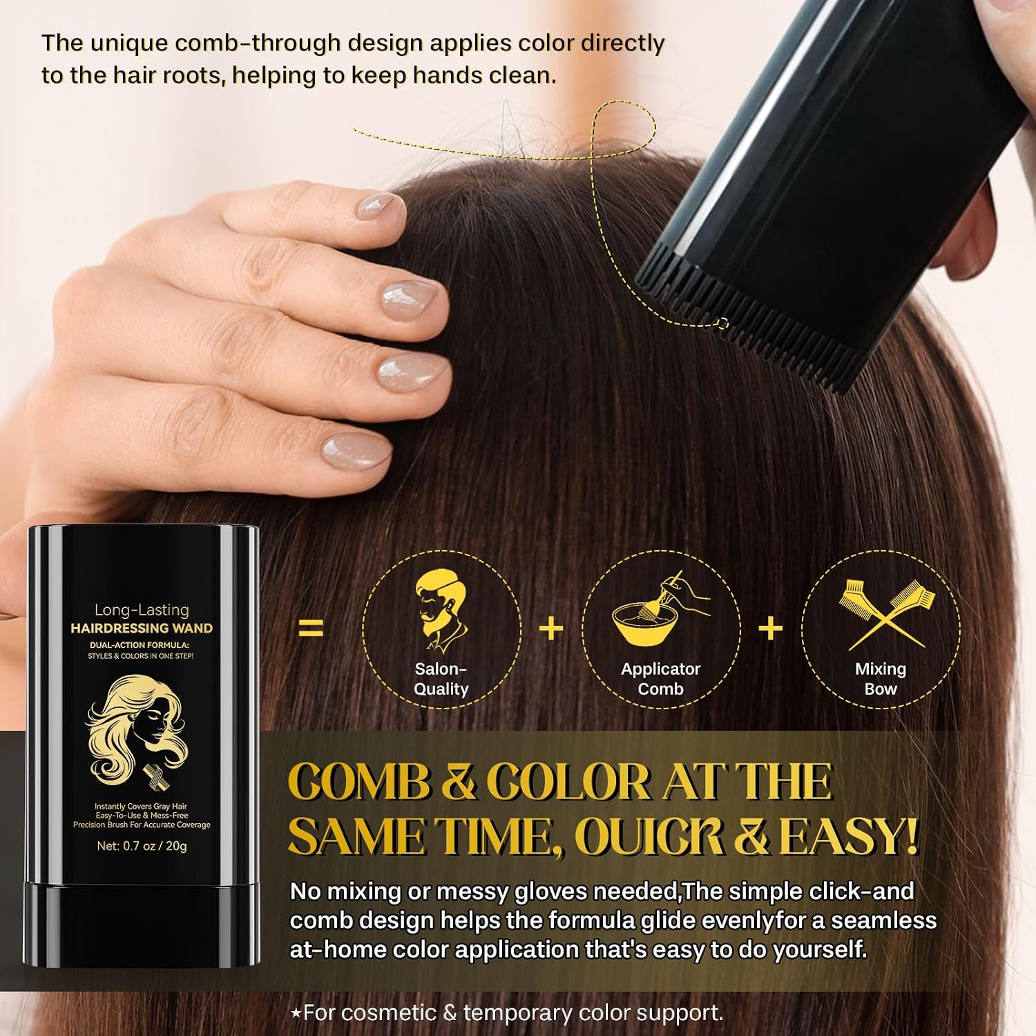 Hair Color Stick, 2 in 1 Instant Dye, Hair Dye Stick, Safe Portable Color Touch-Up Hair Sticks, Cover Gray Hair Color Correction Sticks for Women & Men, Waterproof and Sweat-Proof, 2Pack (Dark Brown)
