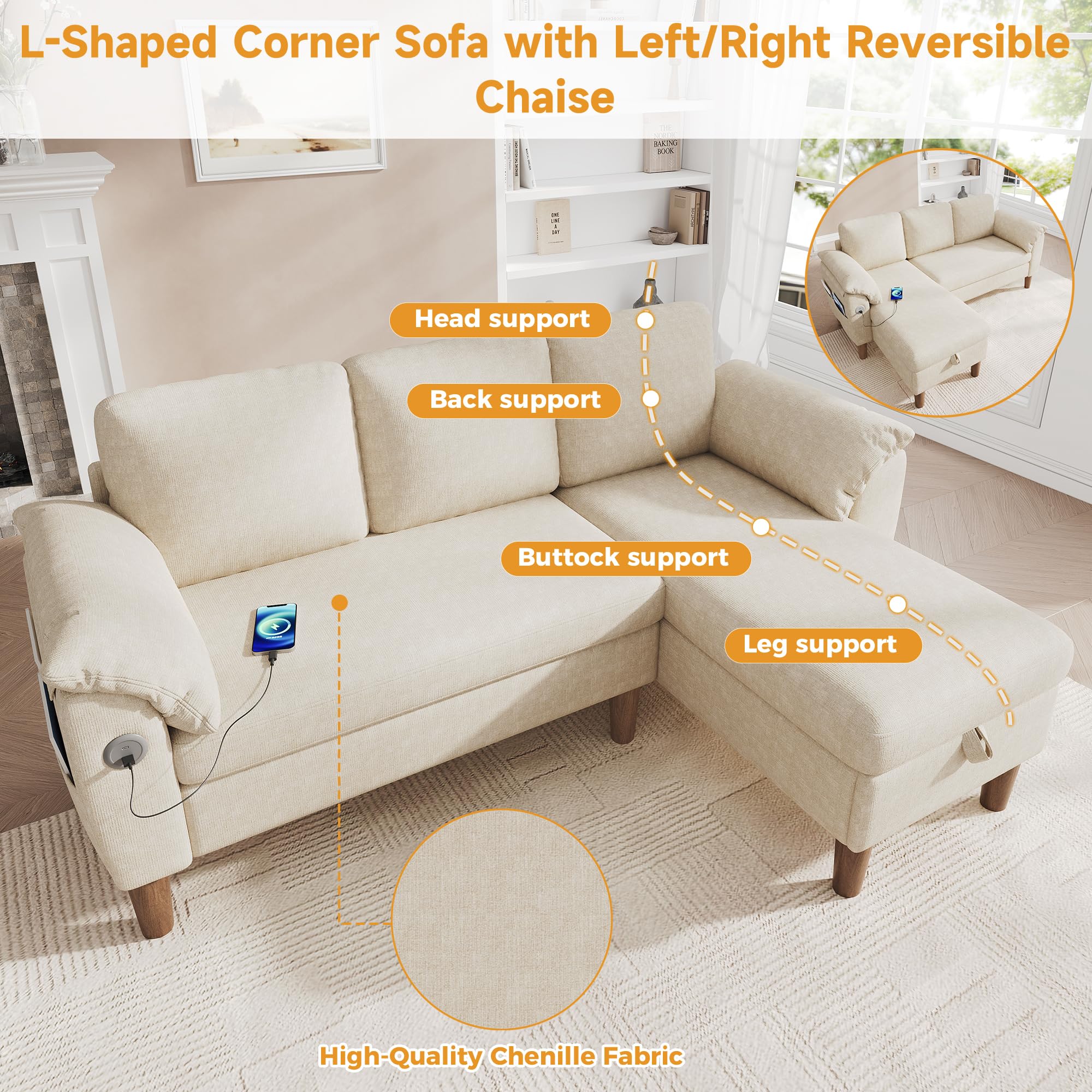 Divano angolare a forma di L, divano a 3 posti con chaise longue, montaggio a sinistra/destra, tasca laterale, 2 cuscini per braccioli semirigidi, tessuto di ciniglia, beige