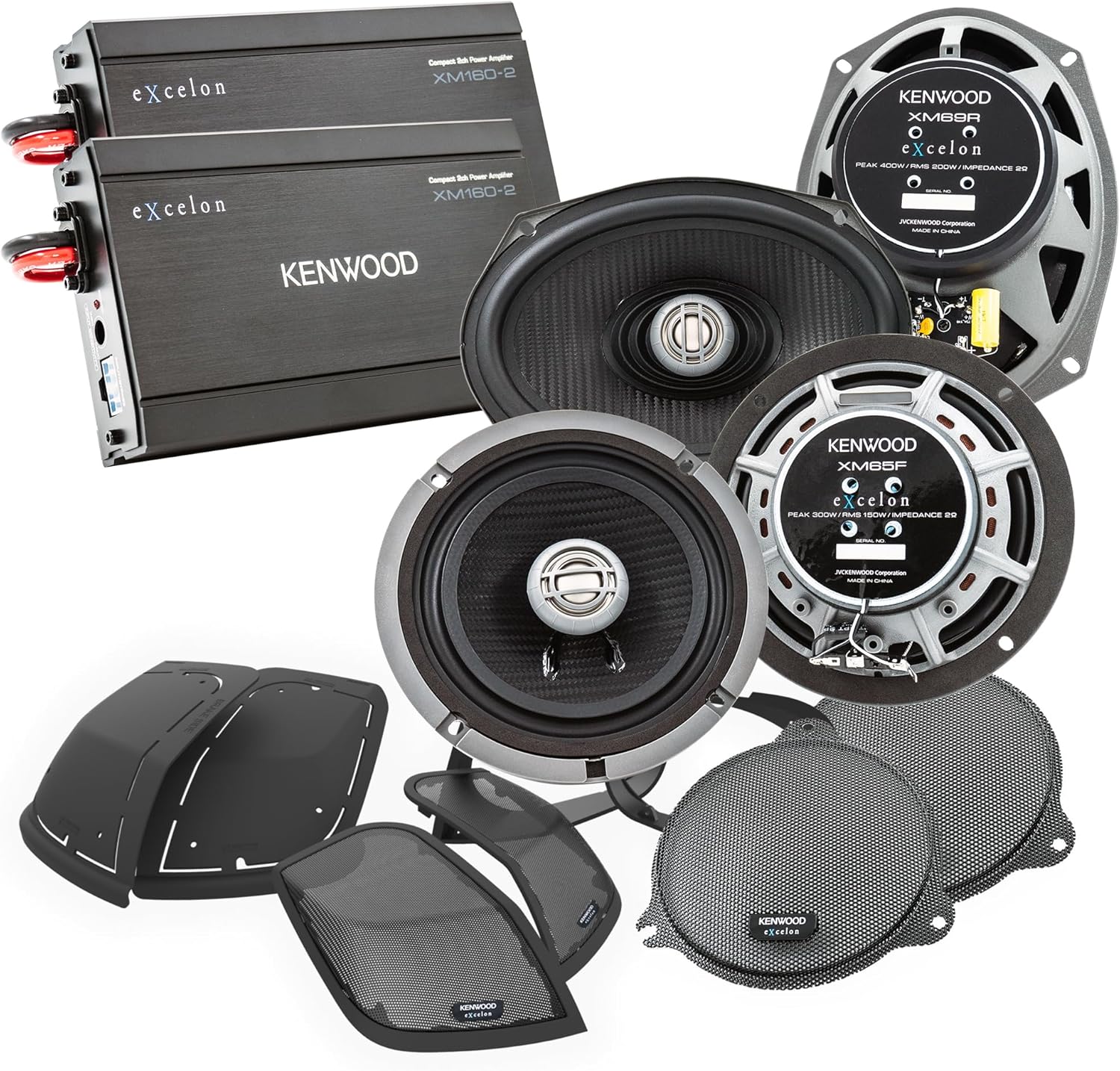 Kenwood Excelon P-HD3FR Audio Package for Select 2014-Up Harley-Davidson Models - (2) XM160-2 Audio Amplifier, (2) 6.5" Excelon XM65F & (2) 6"x9" XM69R Motorcycle Speakers, CA-CUT14 Saddlebag Kit