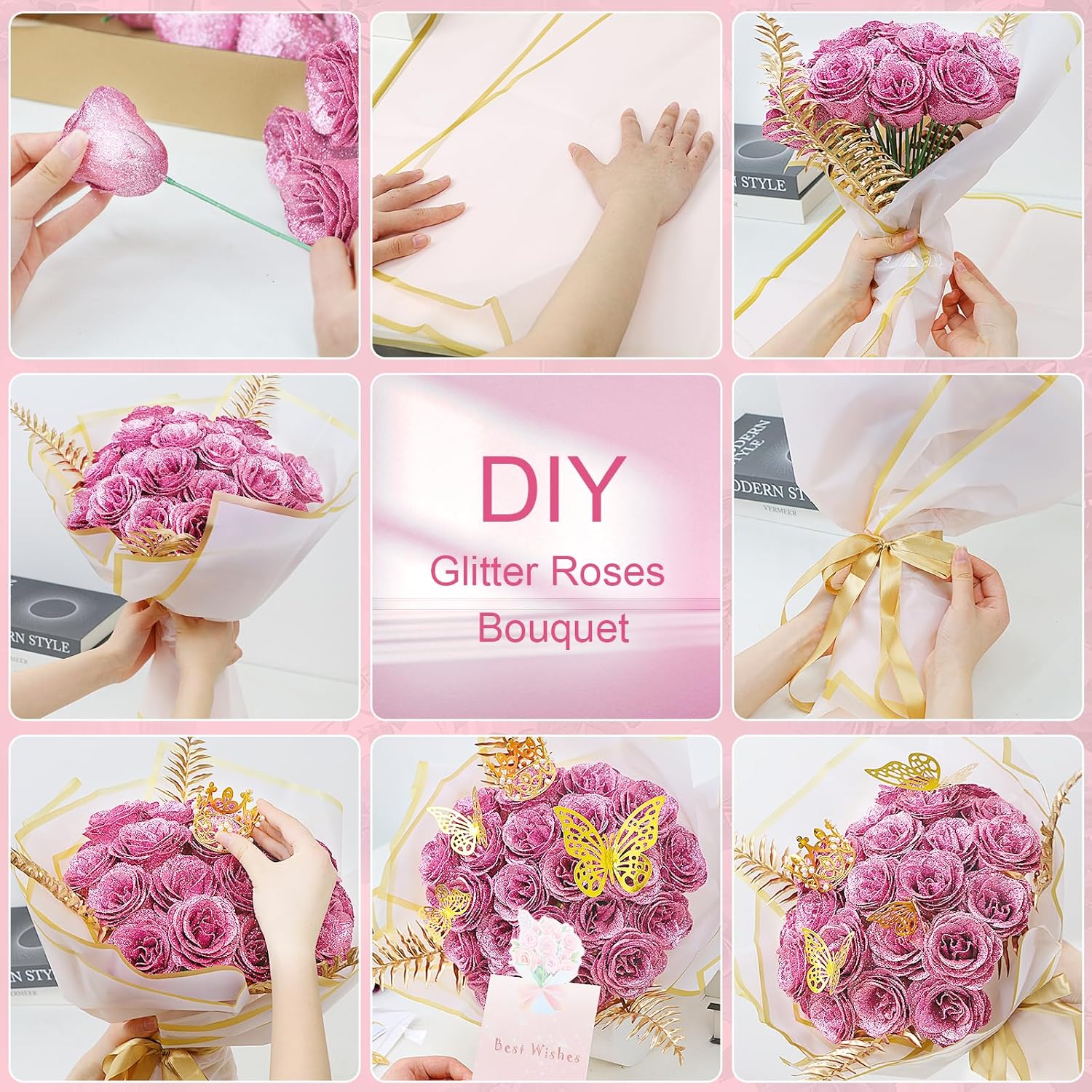 DIY Glitter Roses Bouquet Pink - 36 Pack Artificial Rose Bouquet Shiny Fake Eternal Floral for Elegance Wedding Bouquet Anniversary Birthday - Image 2