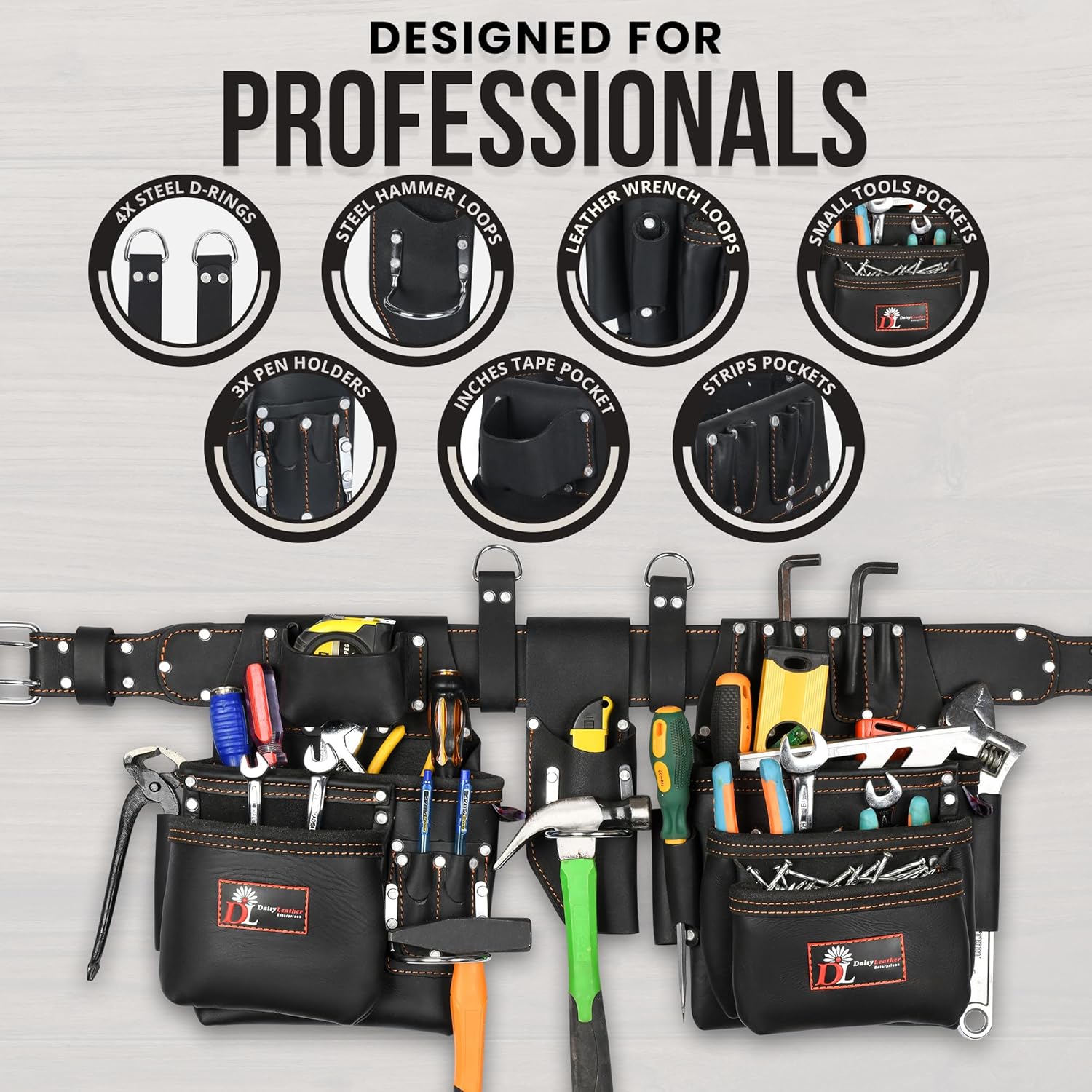 Daisy Leather PRO DL-101 Oil tanned Premium 25 pockets Heavy duty Tool Belt, Carpenter belt Pouch for Construction, Carpenter, Craftsman and Electricians workers, Black, X-Large - Image 7