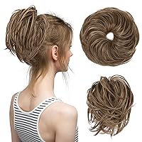 Vista 30 de CJL HAIR - Extensión de cabello sintético tipo coletero de chongo desordenado, rizado, con colas rectas, para mujeres, marrón oscuro