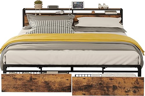 Miniatura 27 de LIKIMIO Base de cama Queen con cabecera de almacenamiento, cama de plataforma con cajones y estación de carga, no necesita somier, fácil montaje,