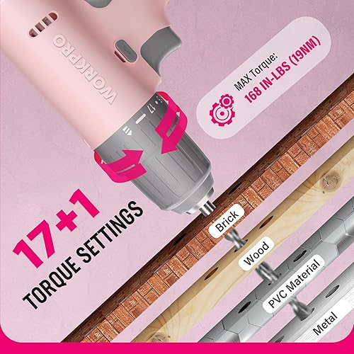 Miniatura 5 de WORKPRO Juego de Taladro Inalámbrico y Destornillador Rosa, Kit de Herramienta de Taladro Eléctrico de 12 V con 6 Piezas de Brocas, Portabrocas sin