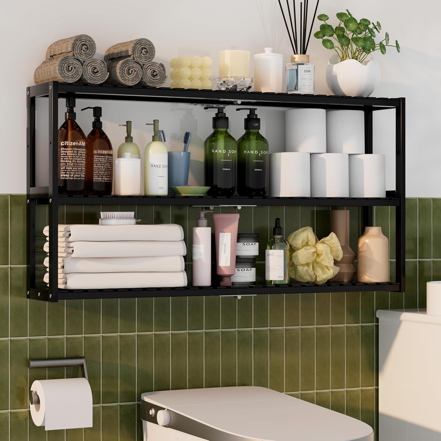 Extra Long Bathroom Organizer Storage Shelves 100% Bamboo Adjustable Height Over The Toilet Storage Floating Shelf for Wall Shower Shelf Can Placed in The Bathroom Kitchen Living Room for Multi Usage