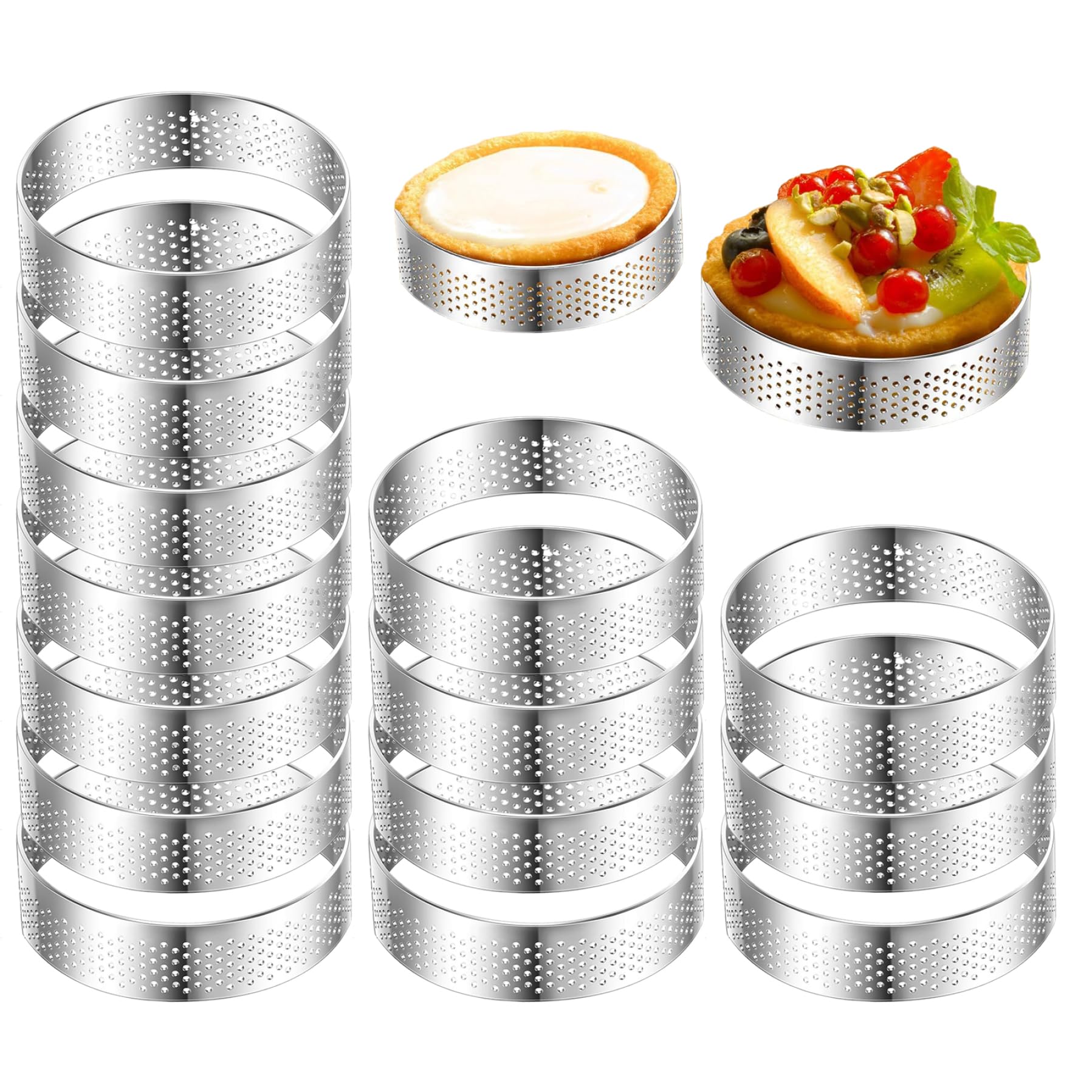 Hotainoys Tart Rings 14PCS 2 Inch Perforated Crumpet Rings Nonstick Stainless Steel Cake Ring for Baking Cookie Muffin Pastry Dessert Mousse, Crumpet