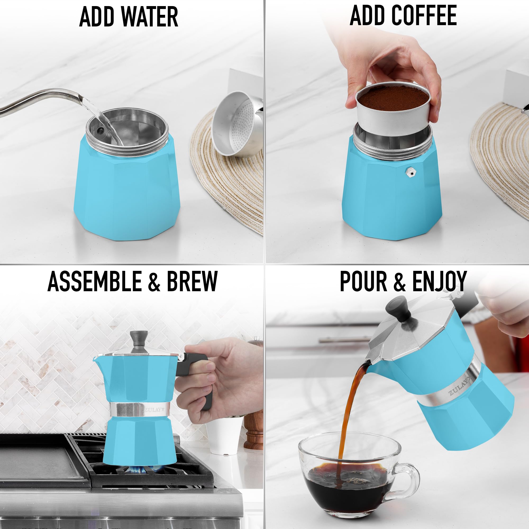 Zulay – Cafetière à expresso à moka de qualité supérieure – Cafetière à expresso anti-fuite – Parfaite pour un expresso authentique de style cubain et italien – Pour 6 tasses à expresso – Bleu clair