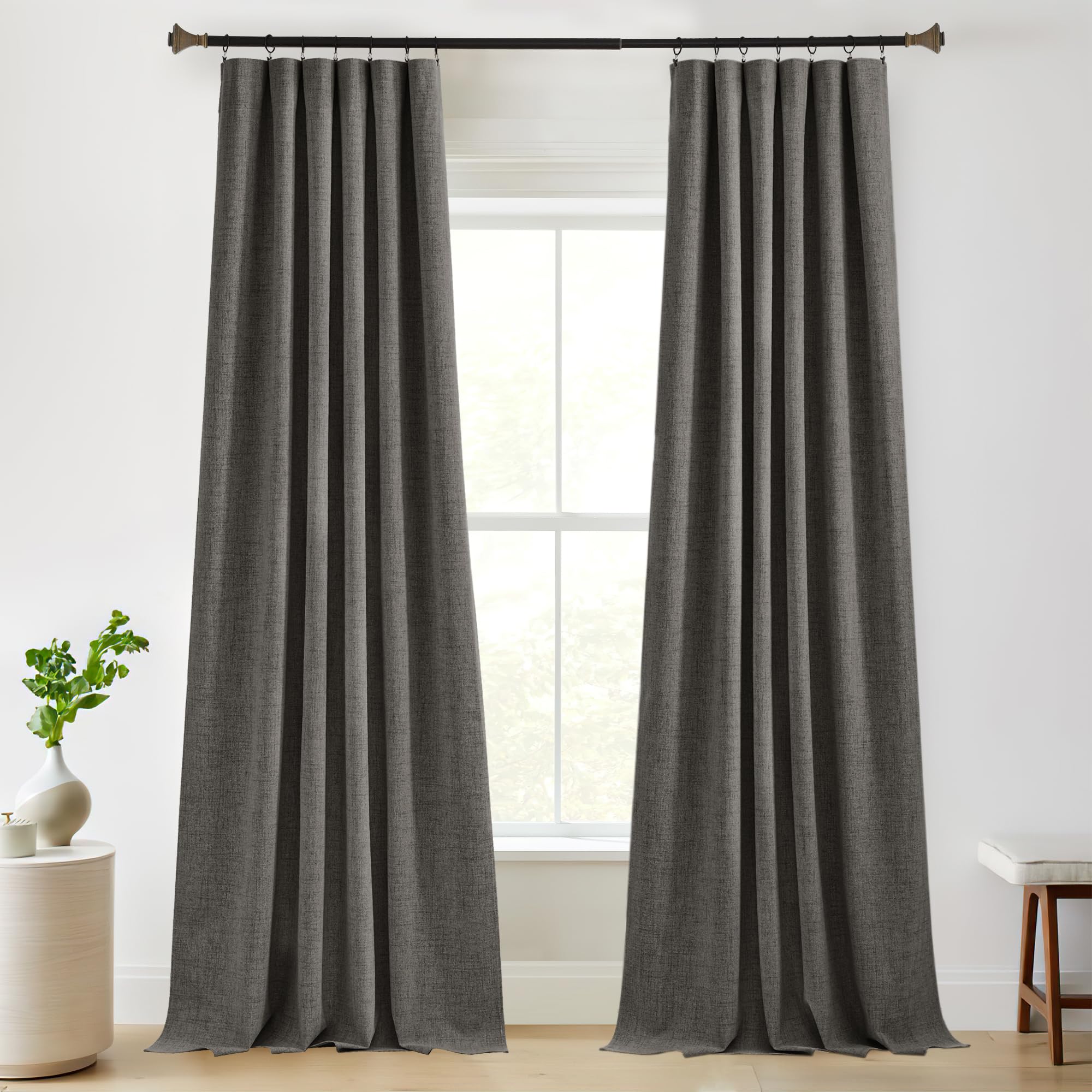 StangH Grey Linen Textured Full Blackout Curtains 96 inches Long, Burlap Look Privacy Bedroom Curtains & Drapes Neutral Insulating Energy Saving Drapes for Living Room, W52xL96, Set of 2