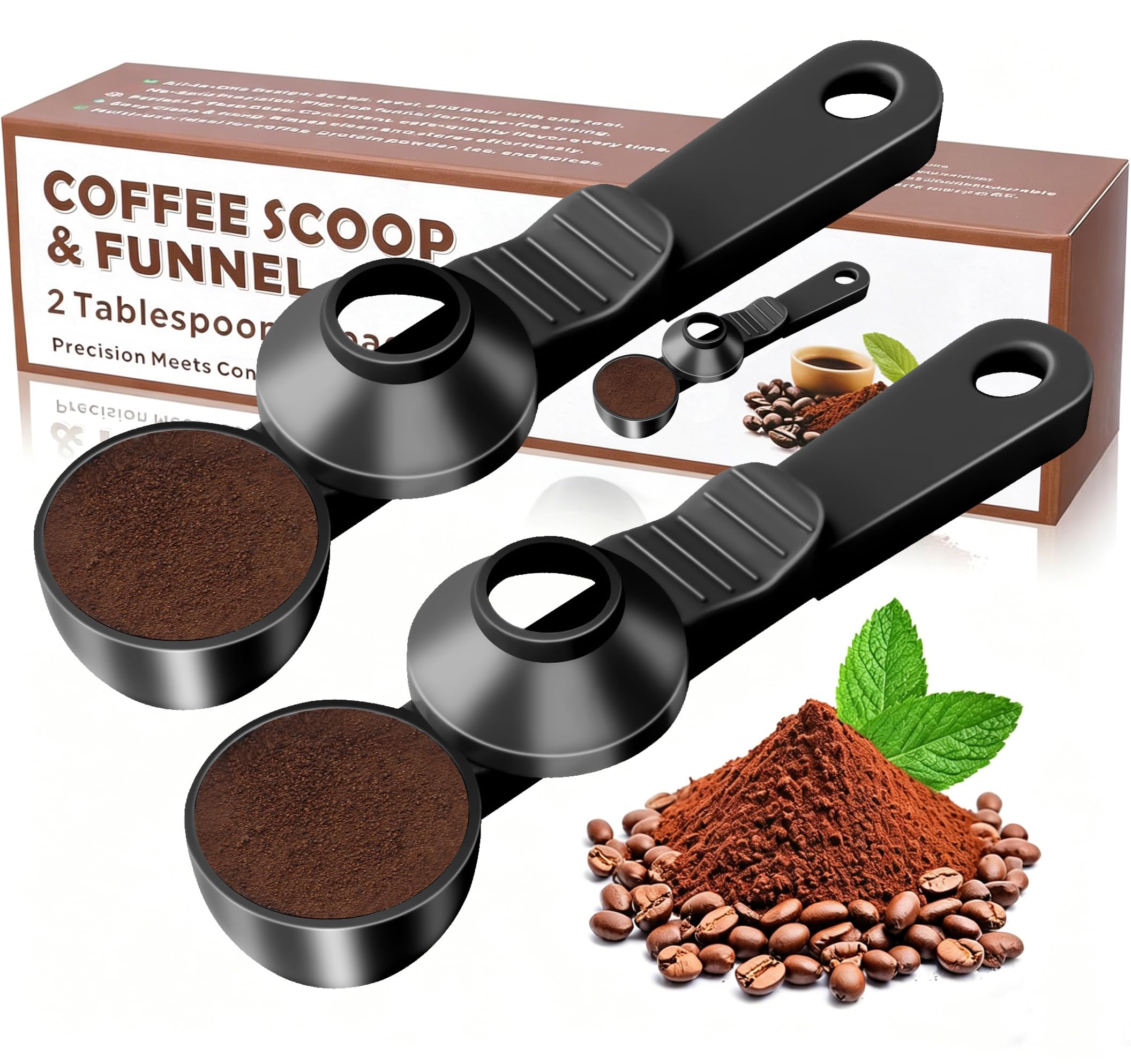 2-in-1 Coffee Scoop with Funnel, 2 Tbsp Measuring Spoon for Reusable K Cups, Ground Coffee, Protein Powder & Tea, Mess-Free Plastic Design（Black-2pack）