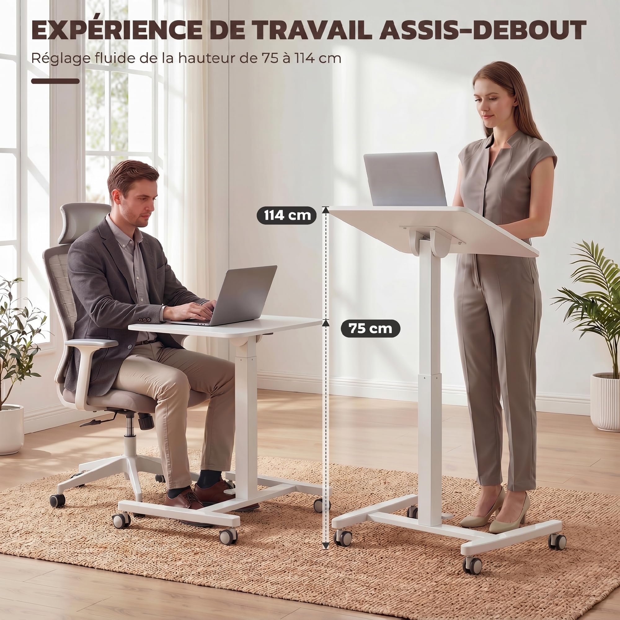 HOMCOM Escritorio de pie regulable en altura 75-114 cm, escritorio para ordenador portátil con ruedas, bandeja reclinable, tope de seguridad, marco de acero, mesa de dibujo neumático para espacio