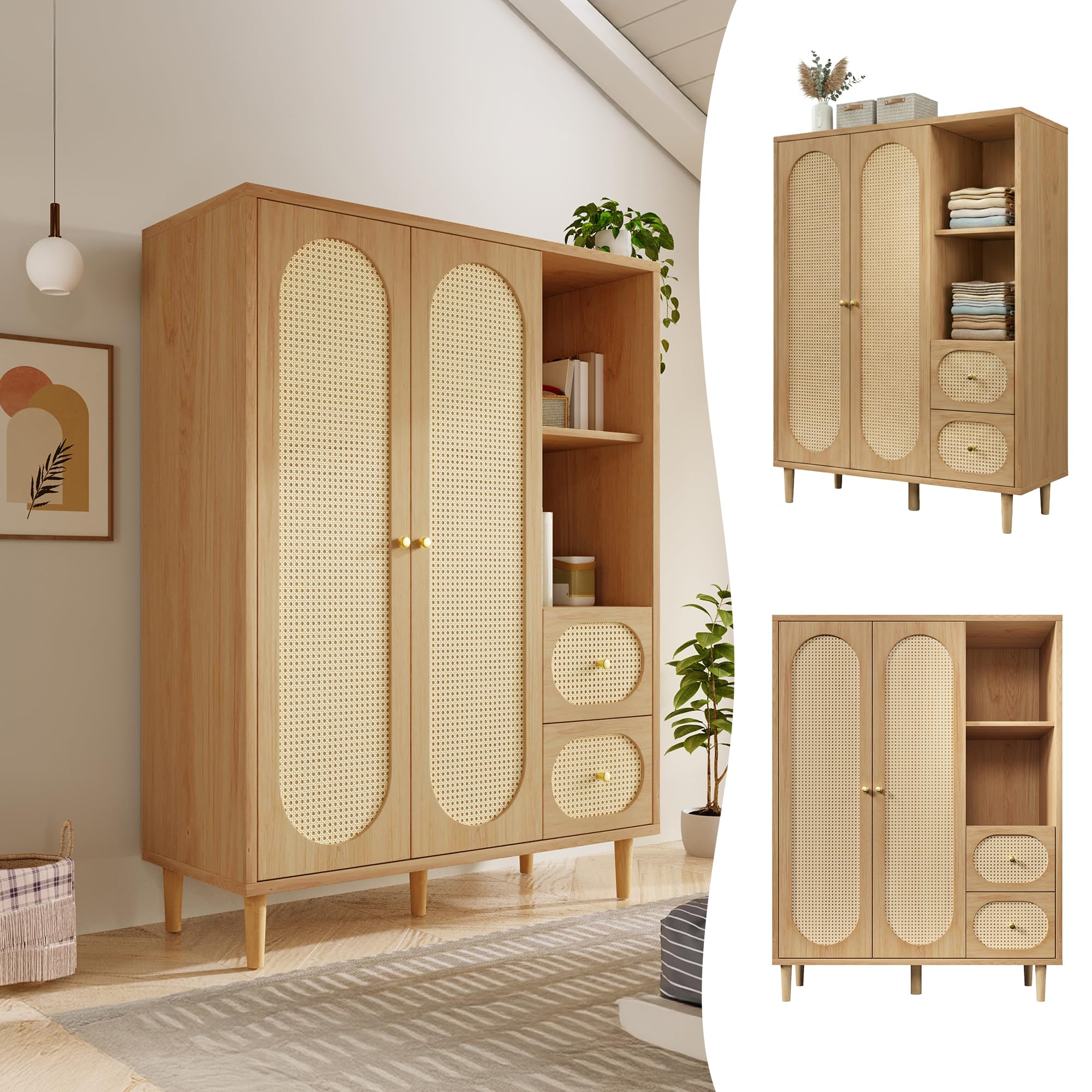 Zepneiy Armoire Chambre Adulte/Enfant en Chêne, Armoire de Rangement avec Penderie, Armoire en Rotin à 2 Portes avec 2 Tiroirs et étagères Ouvertes, Bois 161 x 120 x 44 cm