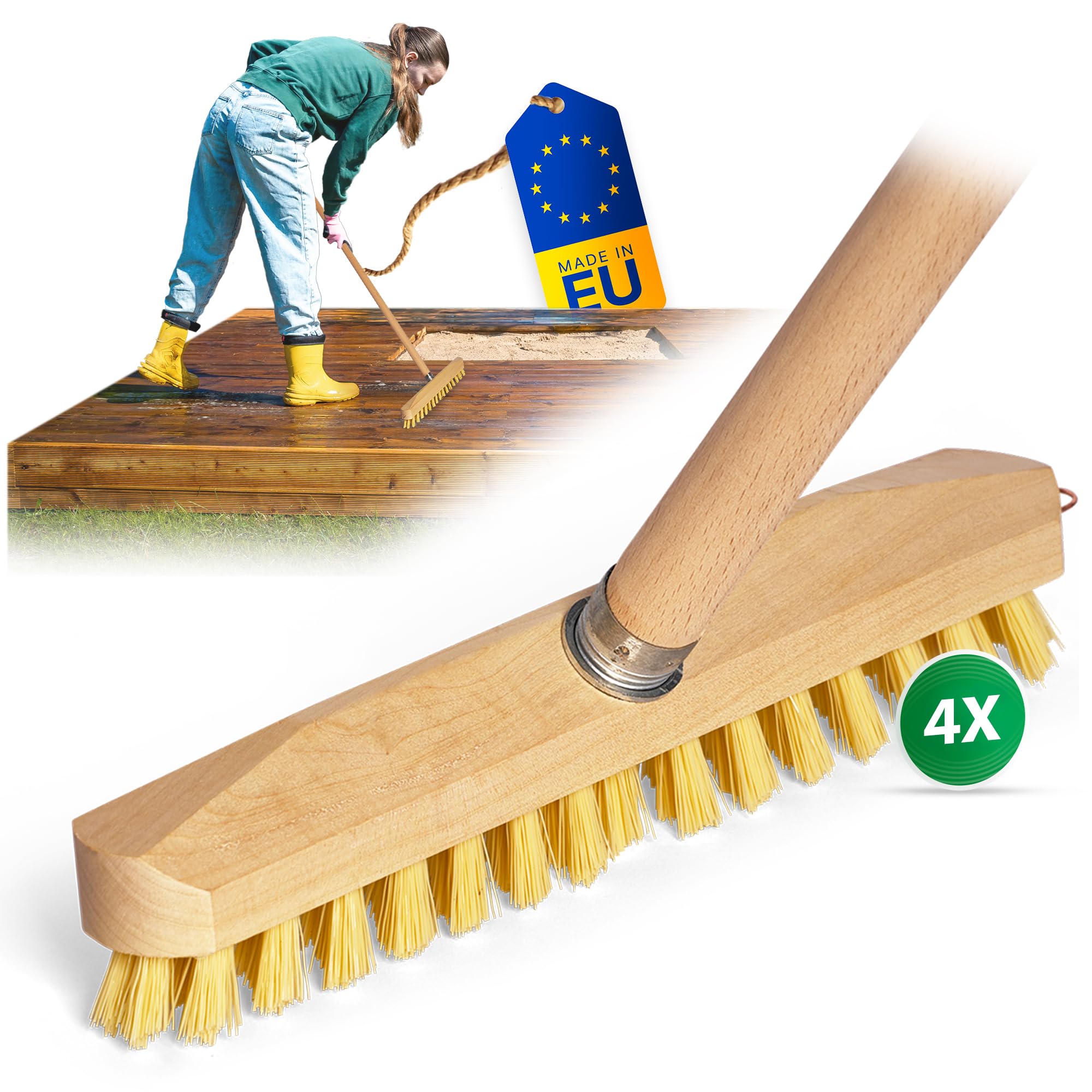 Novaliv 4 cepillos abrasivos con barra de madera de madera con cerdas PPN | Limpiaparabrisas con rosca | Cepillos abrasivos robustos | Cepillo para suelo | Cepillo de raíces para interior y exterior