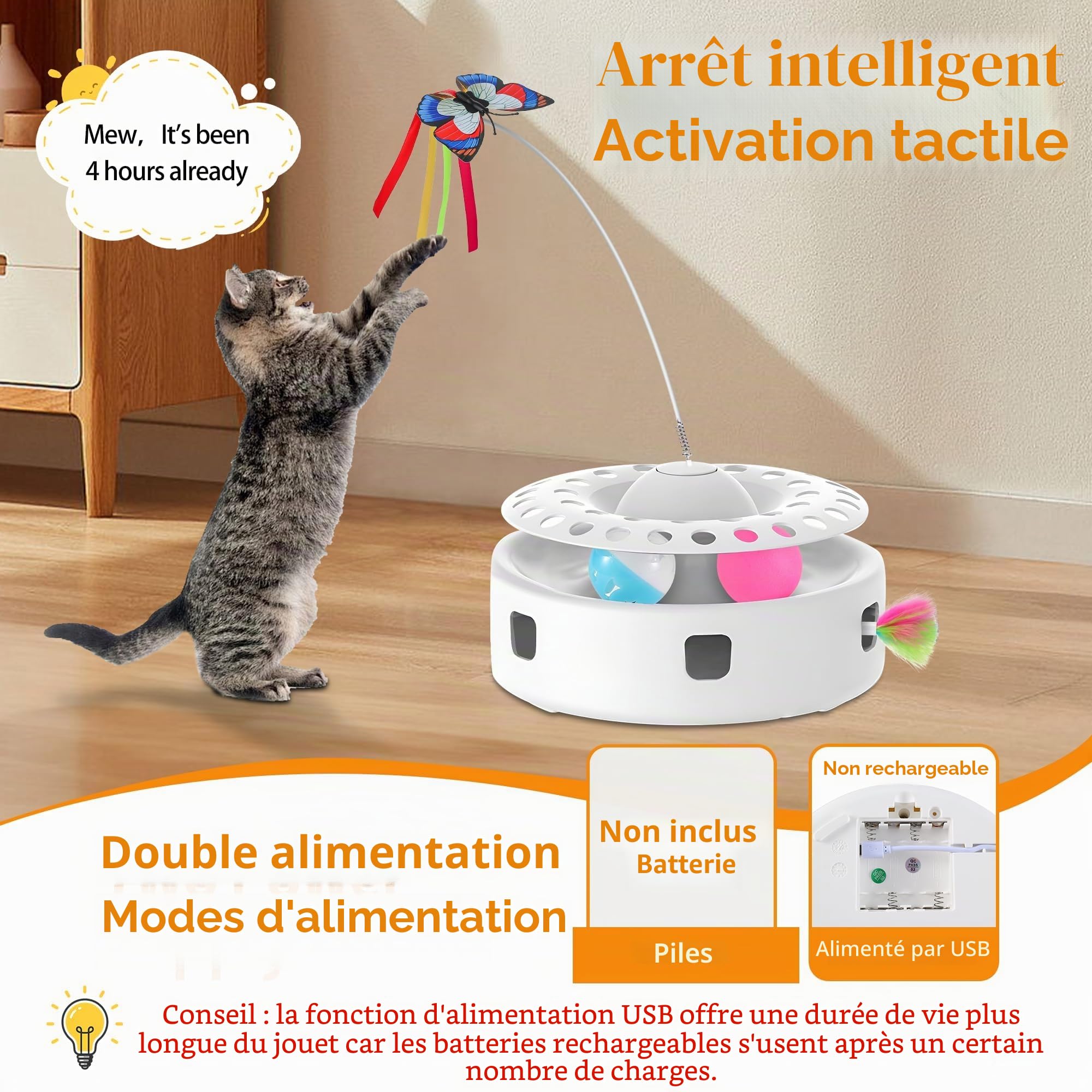Soarer Cat Toy 3 en 1 Jouet Interactif Automatique pour Chatons, Papillons Volants, Plumes Volantes, Livré avec 4 Accessoires Remplaçables, Boule À Rouler Tactile, Mode Double Alimentation
