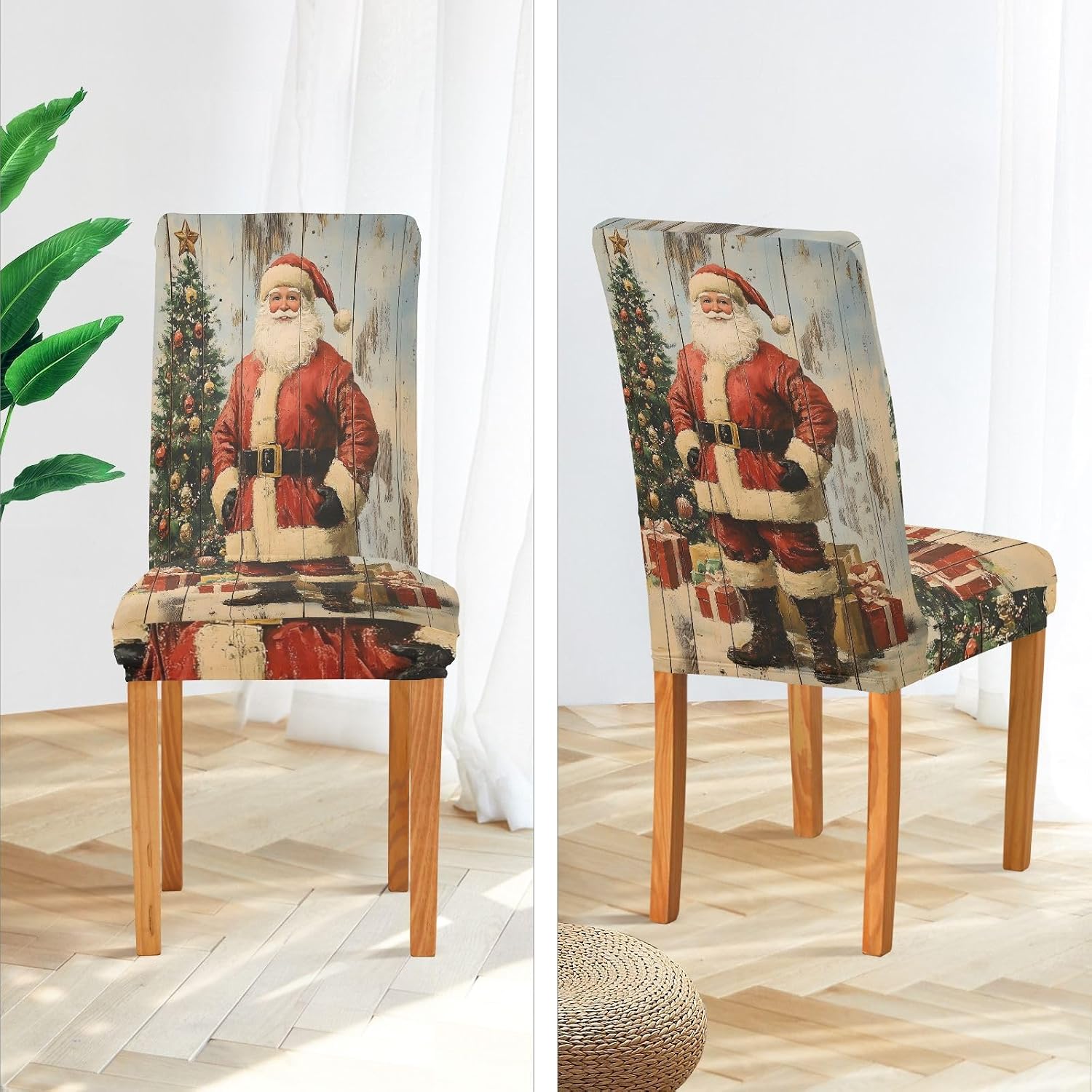 ALAZA Chair Covers for Dining Room, Vintage Wood Santa Claus Christmas Tree Stretch Chair Cover Sets Chair Protector Removable Washable for Ktichen Restaurant Hotel