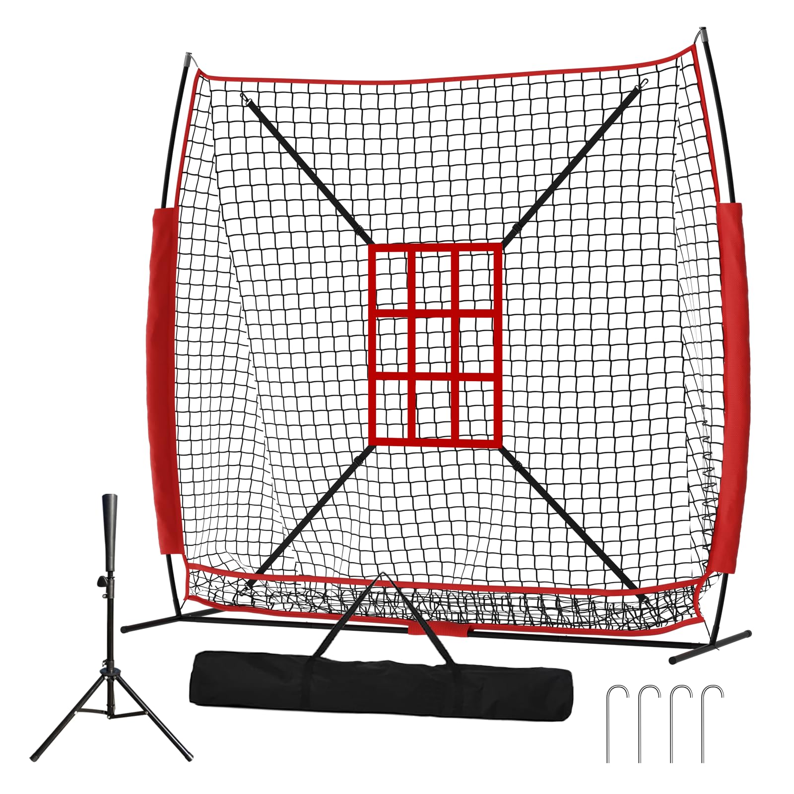 Vaolvpant 7x7 Ft Baseball & Softball Practice Hitting & Pitching Net with Strike Zone and Carry Bag Easy Installation Portable Baseball Pitching Net for Indoor/Outdoor Use with Tee