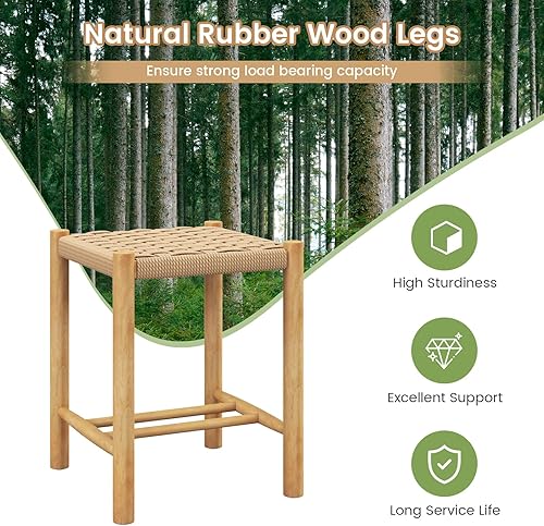 Miniatura 6 de Giantex Juego de 2 taburetes de madera, sillas bohemias sin espalda de 18 pulgadas de alto con patas de madera de goma, carga máxima de 330 libras,