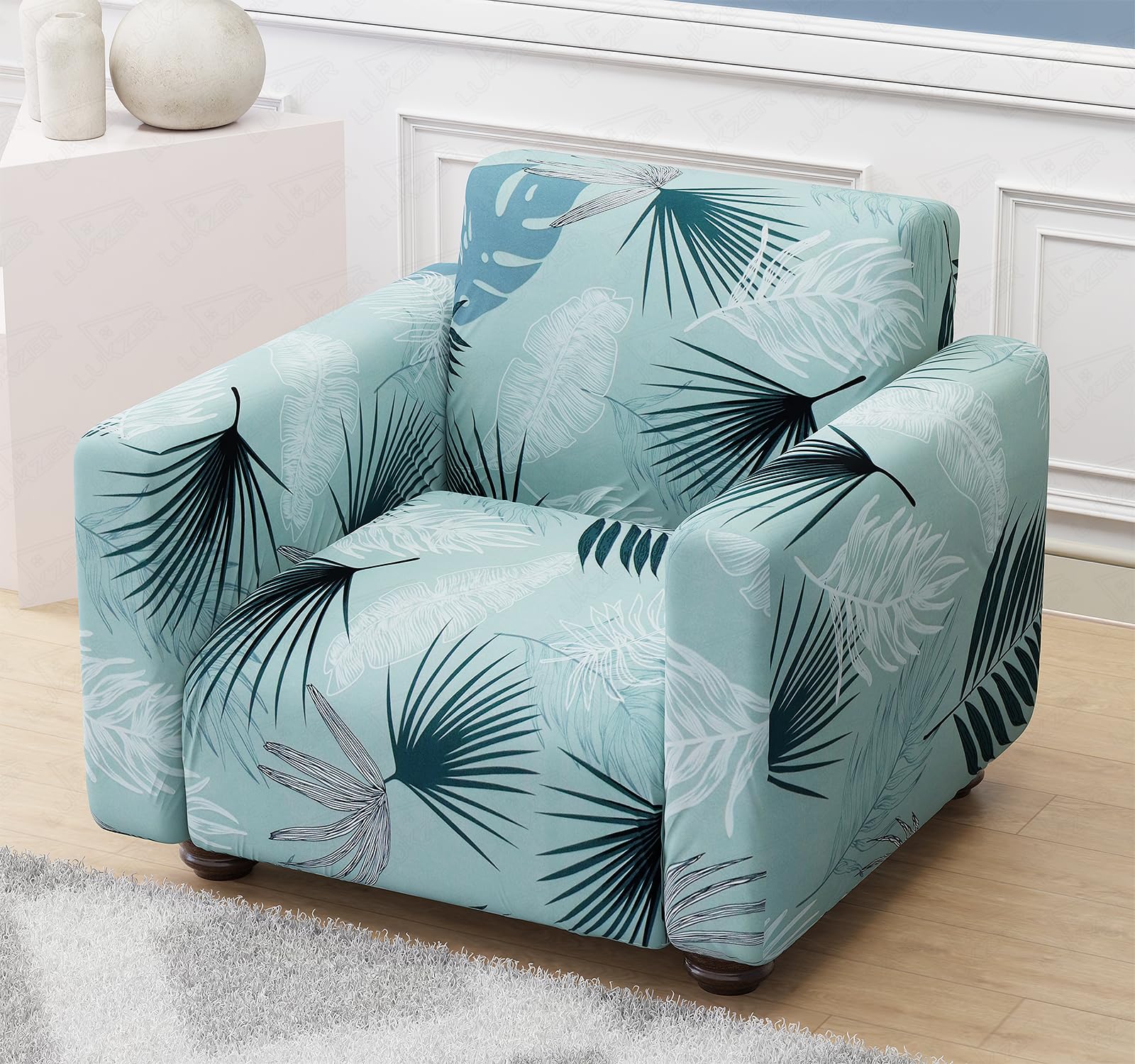 Lukzer 1-Seater Stretchable Sofa Cover Light Blue Floral Design 360° Full Coverage Couch Protector Anti-Slip, Washable, 140 GSM Polyester + Spandex Slipcover | Fits 90–140 cm (SC-008-01)-image-29