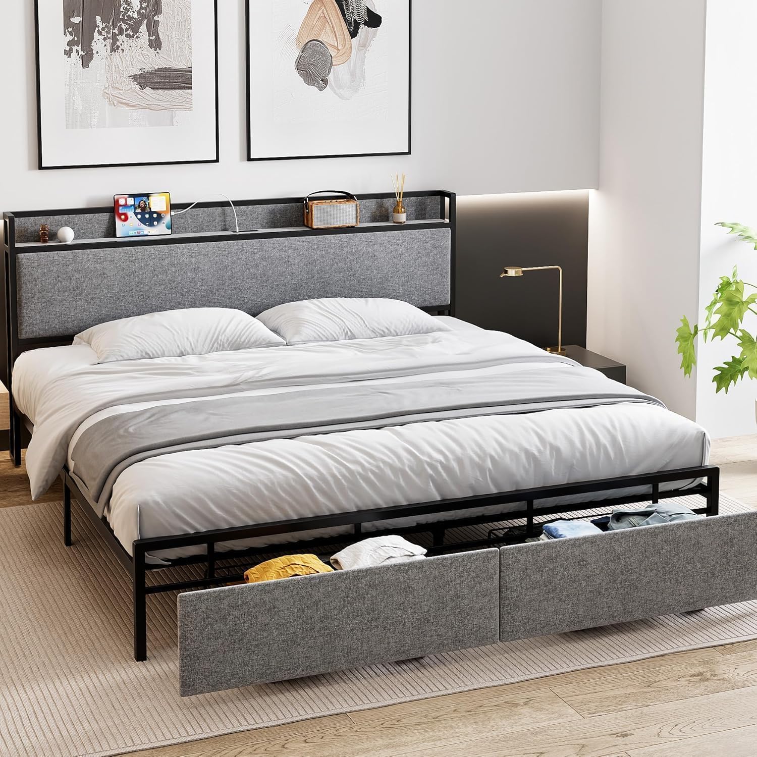 GarveeHome King Size Velvet Bed Frame with Headboard, Modern Upholstered Platform Bed, Mirror Stainless Steel Decoration, Wooden Slats Support, No Box Spring Needed, Easy Assembly, Grey